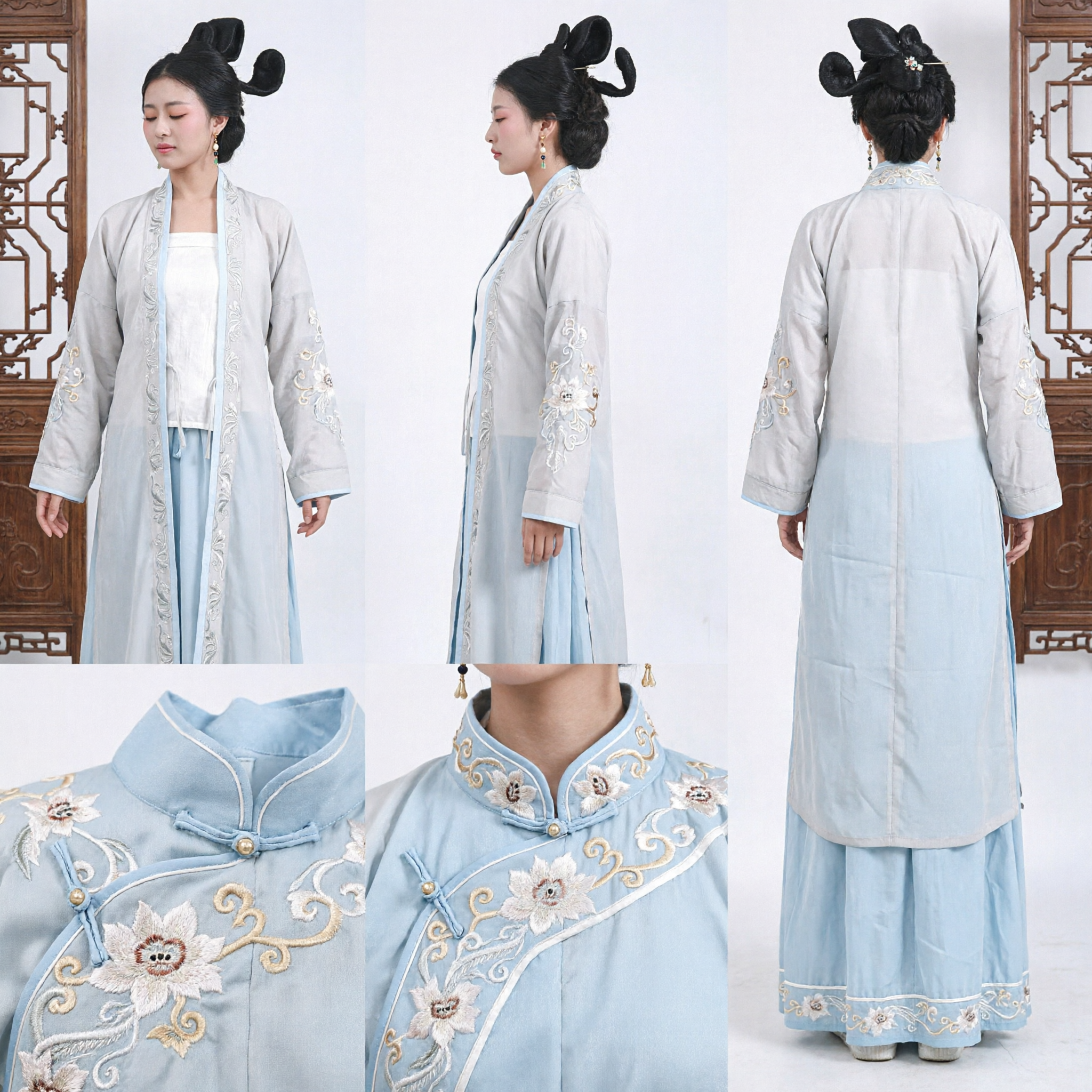 Traje de Hanfu Chinês Tradicional Elegante, Robe Longo com Bordado Prateado, Vestuário Antigo para Performance Feminina - Asian Costume