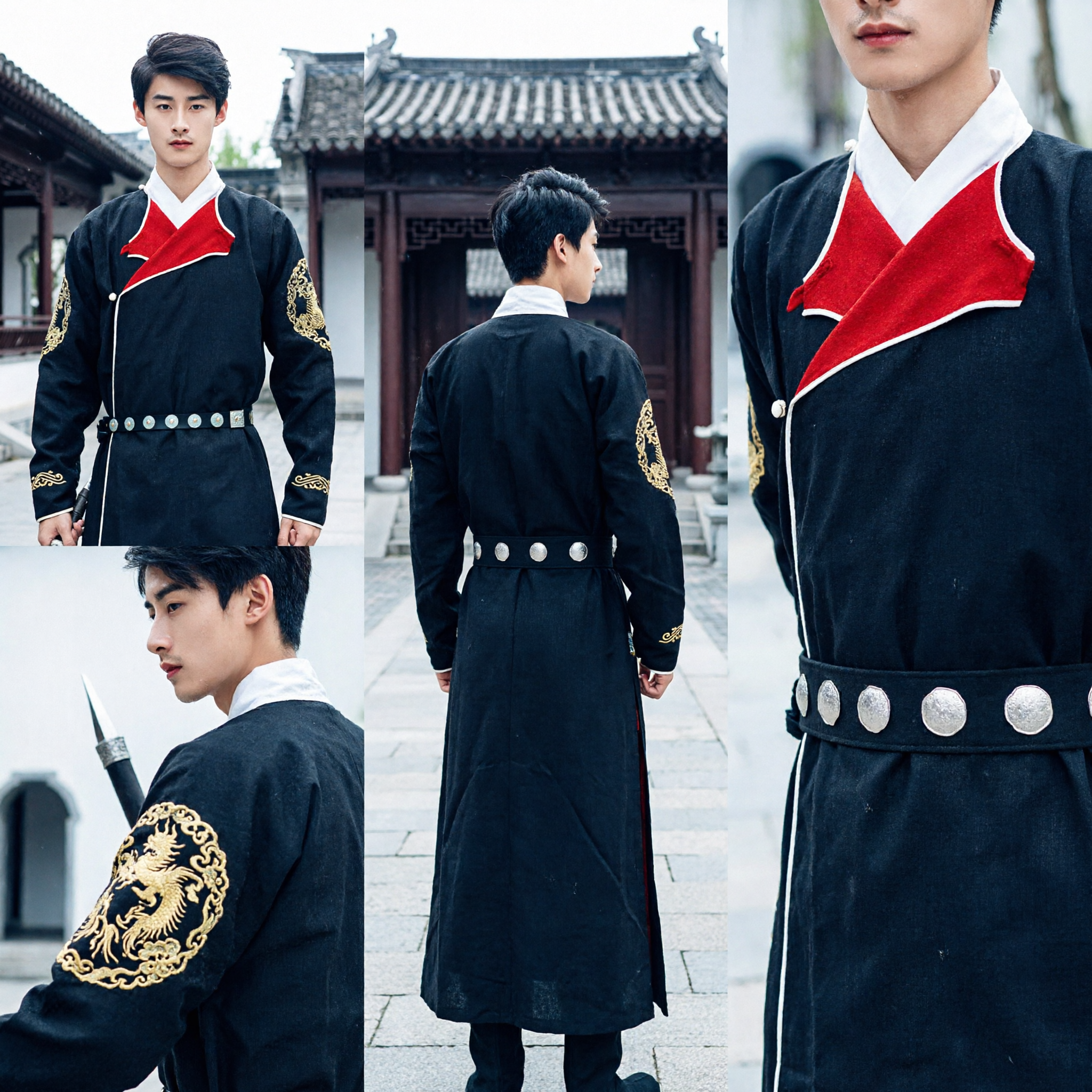 Costume da spadaccino Wuxia tradizionale cinese, Hanfu nero per uomo con ricamo oro per arti marziali e cosplay - Asian Costume