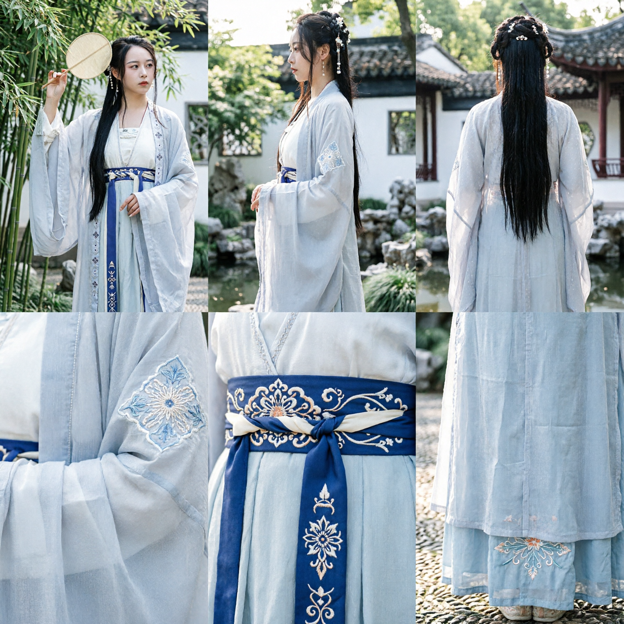Traje Hanfu Chinês Tradicional para Mulheres, Estilo Fada Antiga, Robe Branco e Azul Bordado para Cosplay e Fotografia - Asian Costume