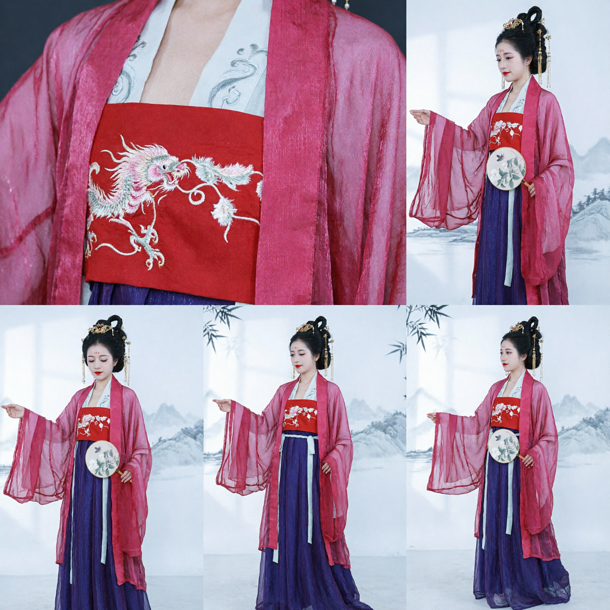 Traje Hanfu da Dinastia Tang para Mulheres, Traje Antigo Chinês com Top Vermelho Bordado e Saia Azul para Cosplay e Performance - Asian Costume