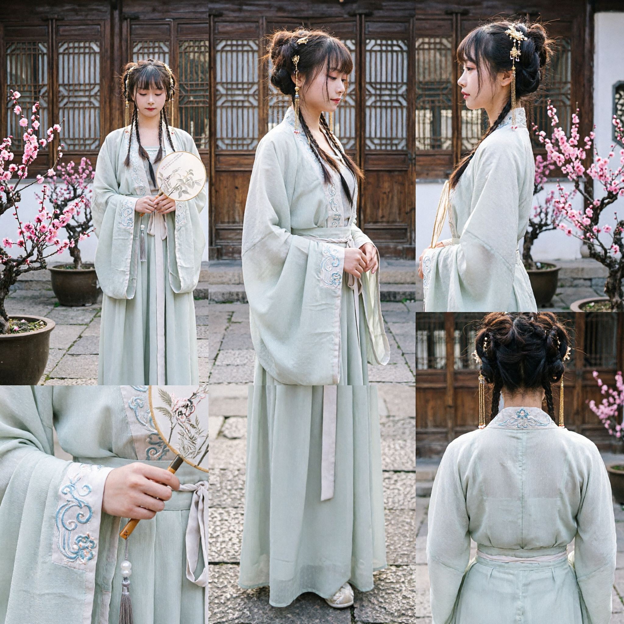 우아한 전통 중국 한푸 연녹색 자수 고대 드레스 여성 역사적 의상 - Asian Costume