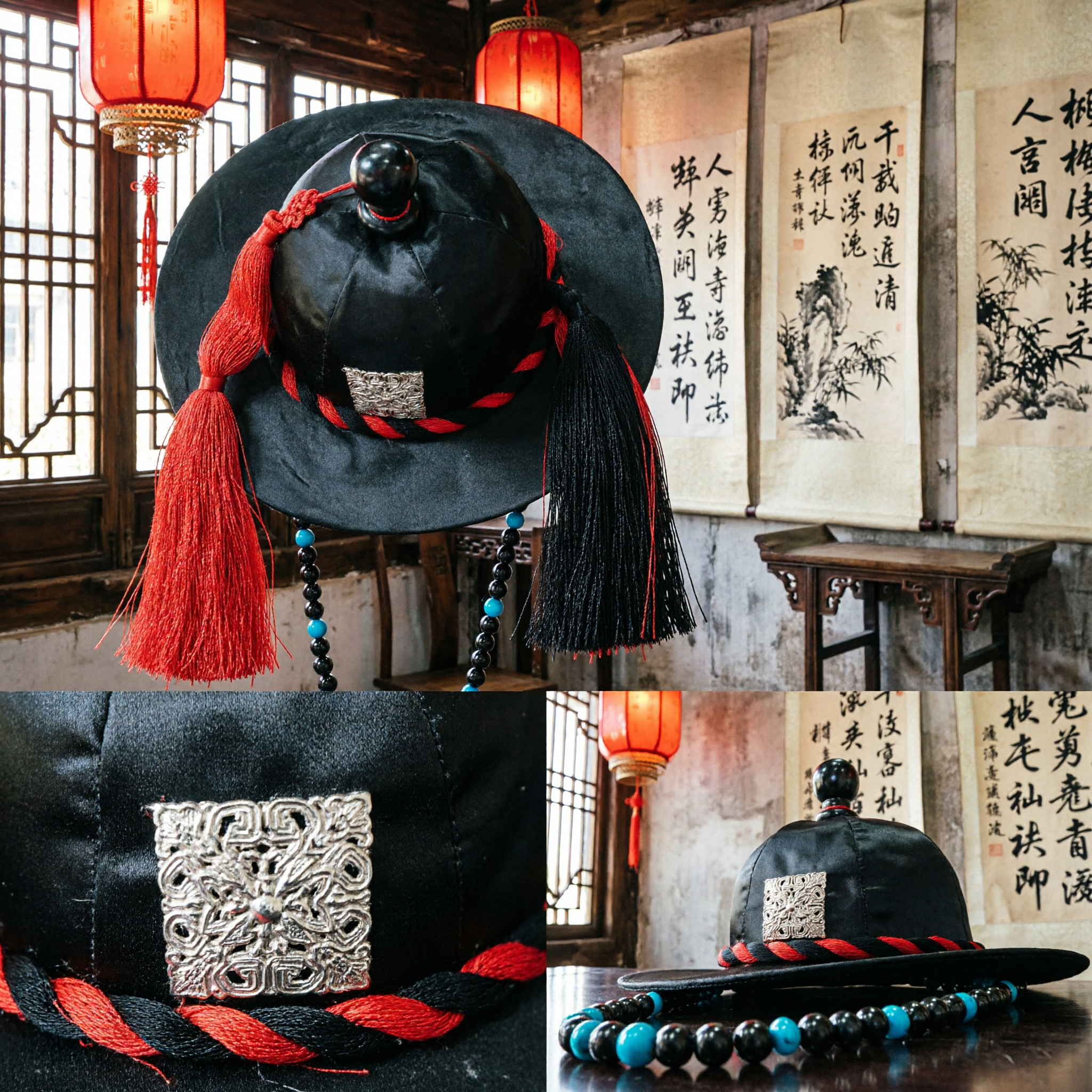 Sombrero de Gasas Negras de Funcionario Antiguo Tradicional Chino Wushamao con Borlas Rojas Accesorio para Traje Hanfu y Cosplay para Hombres - Asian Costume