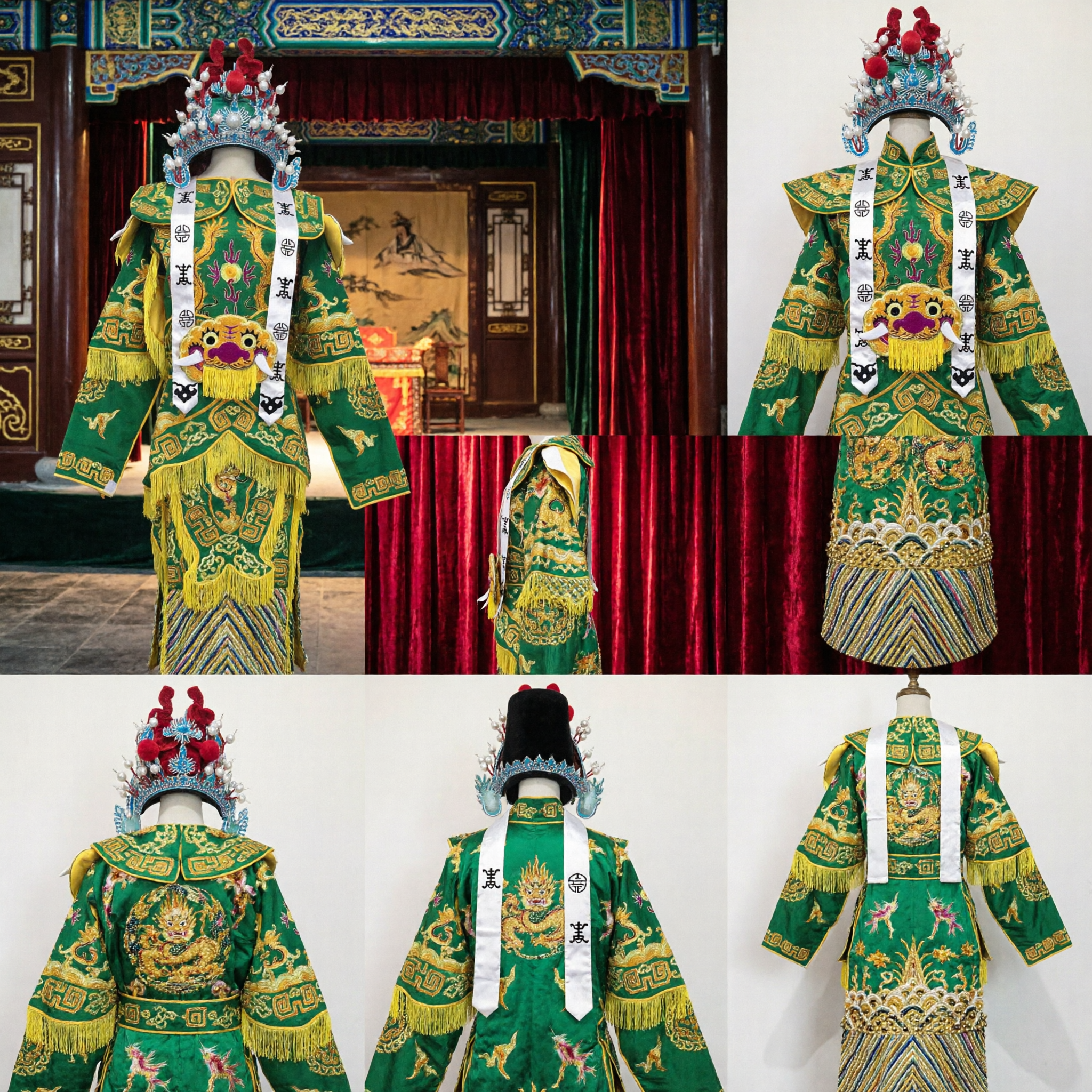 Costume completo armatura da generale verde dell'Opera di Pechino tradizionale cinese con copricapo per performance sul palco - Asian Costume