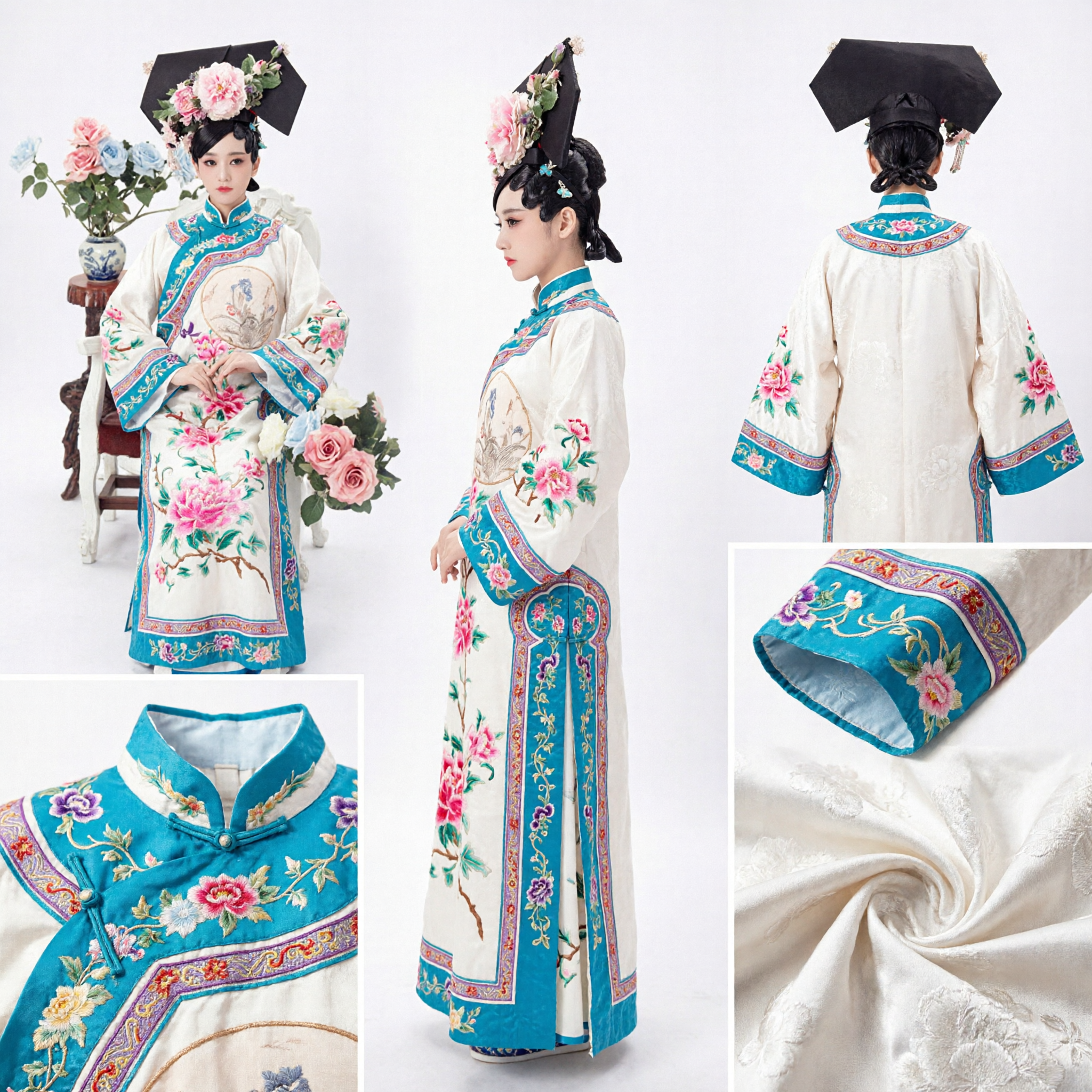 Traje Chinês Antigo de Dama do Palácio da Dinastia Qing, Robe com Bordado Floral Branco e Tocador de Flores para Mulheres - Asian Costume