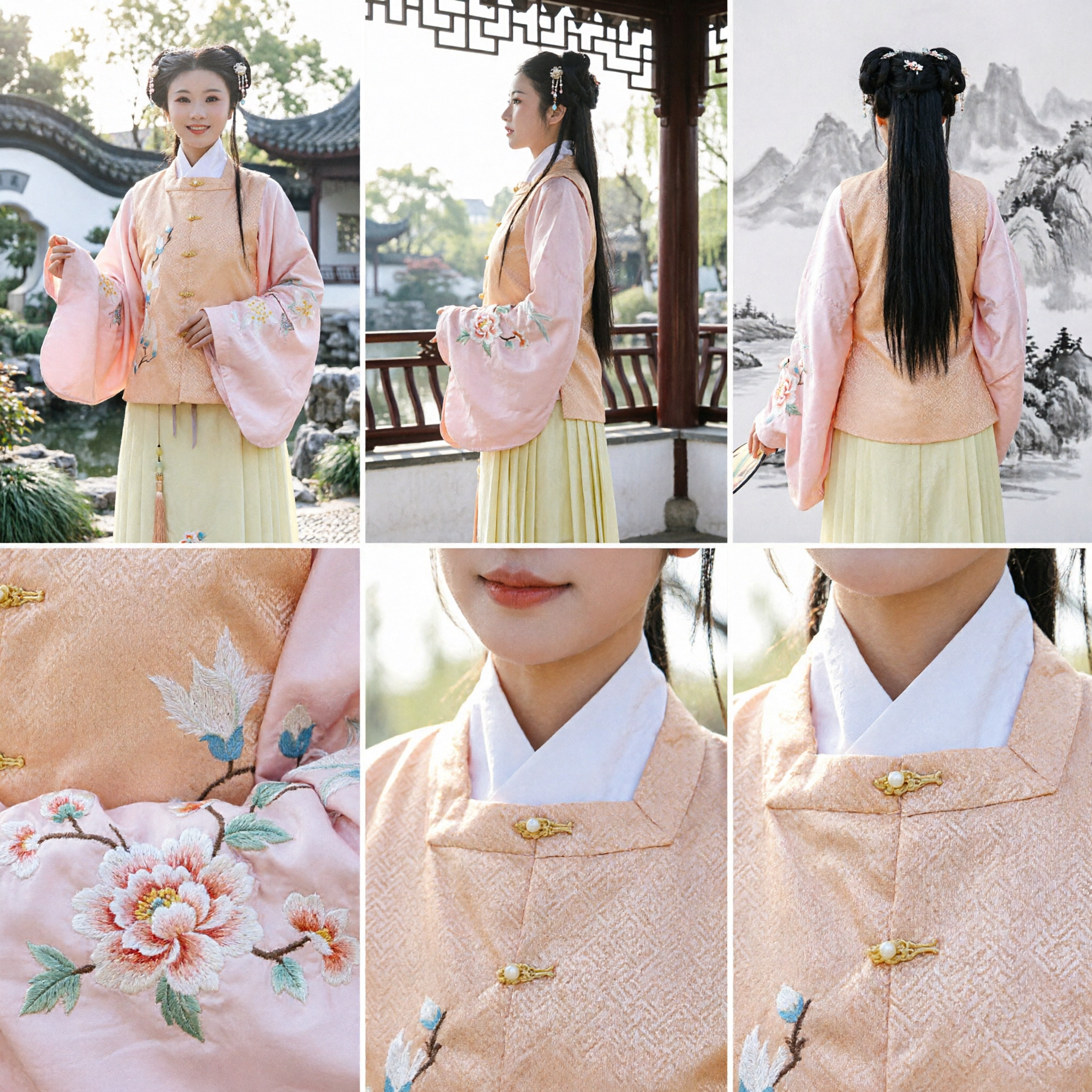 Traditional Chinese Hanfu Ming Dynasty Costume Set Women Ancient Embroidered Peach Vest Pink Blouse Yellow Skirt - Asian Costume