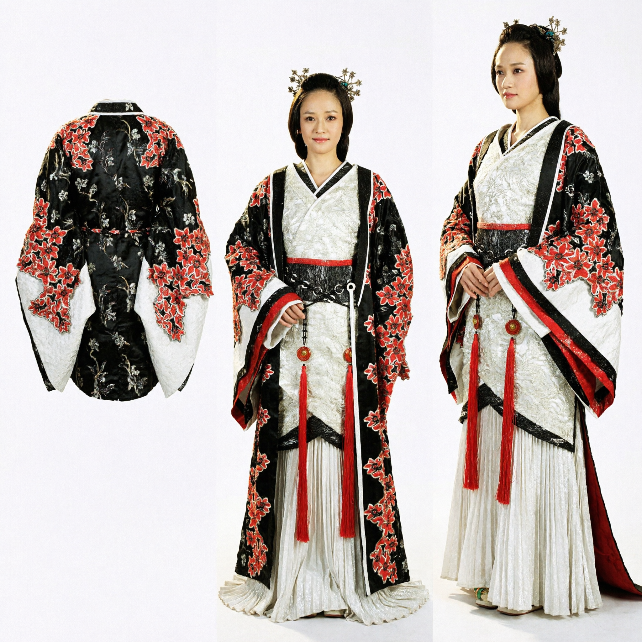 Traje do Palácio Antigo Hanfu Chinês Tradicional Feminino, Veste Preta e Branca com Bordado Floral Vermelho para Performance - Asian Costume