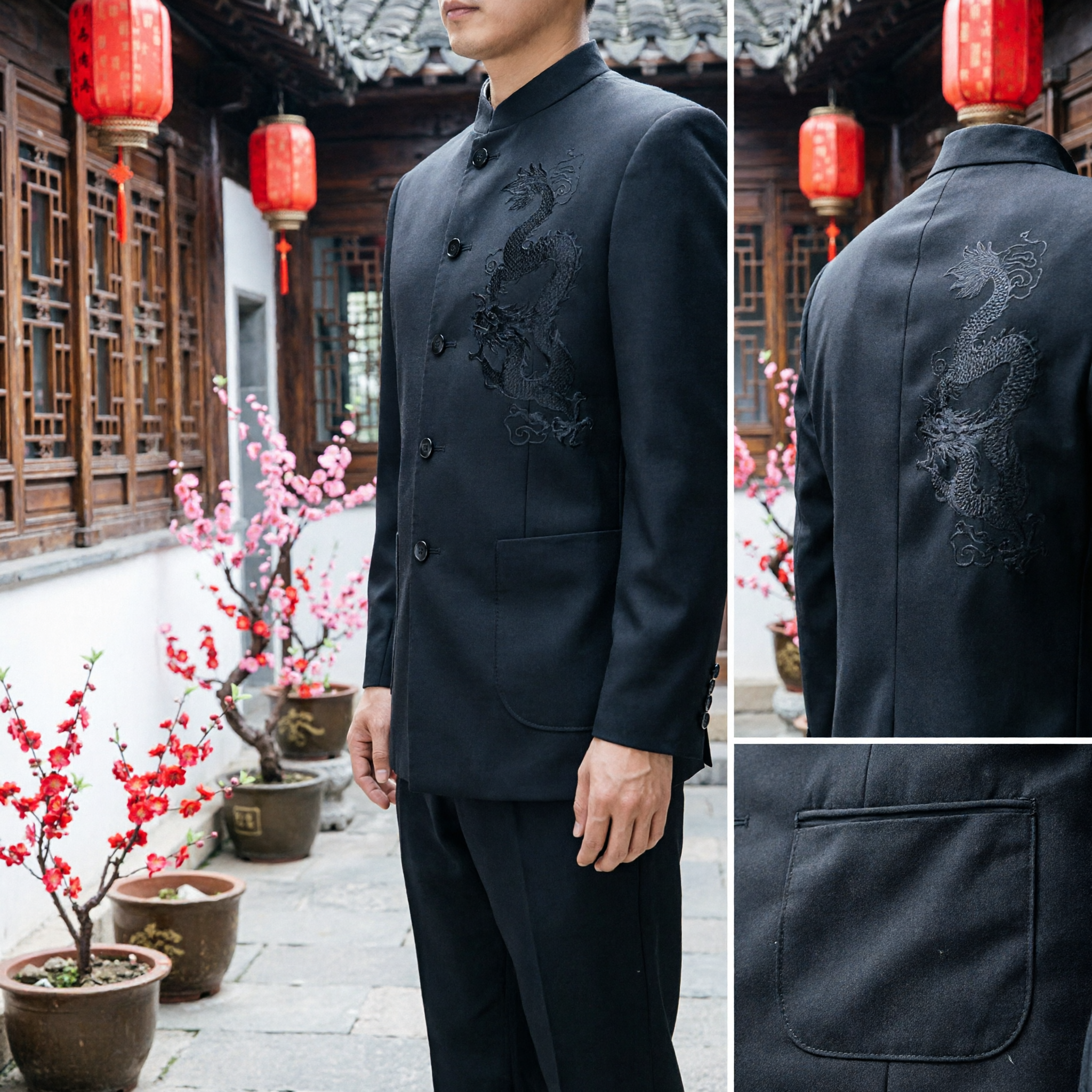Veste Tang suit chinoise ajustée pour hommes - Broderie de dragon noir, col mandarin, blazer traditionnel formel pour mariage - Asian Costume