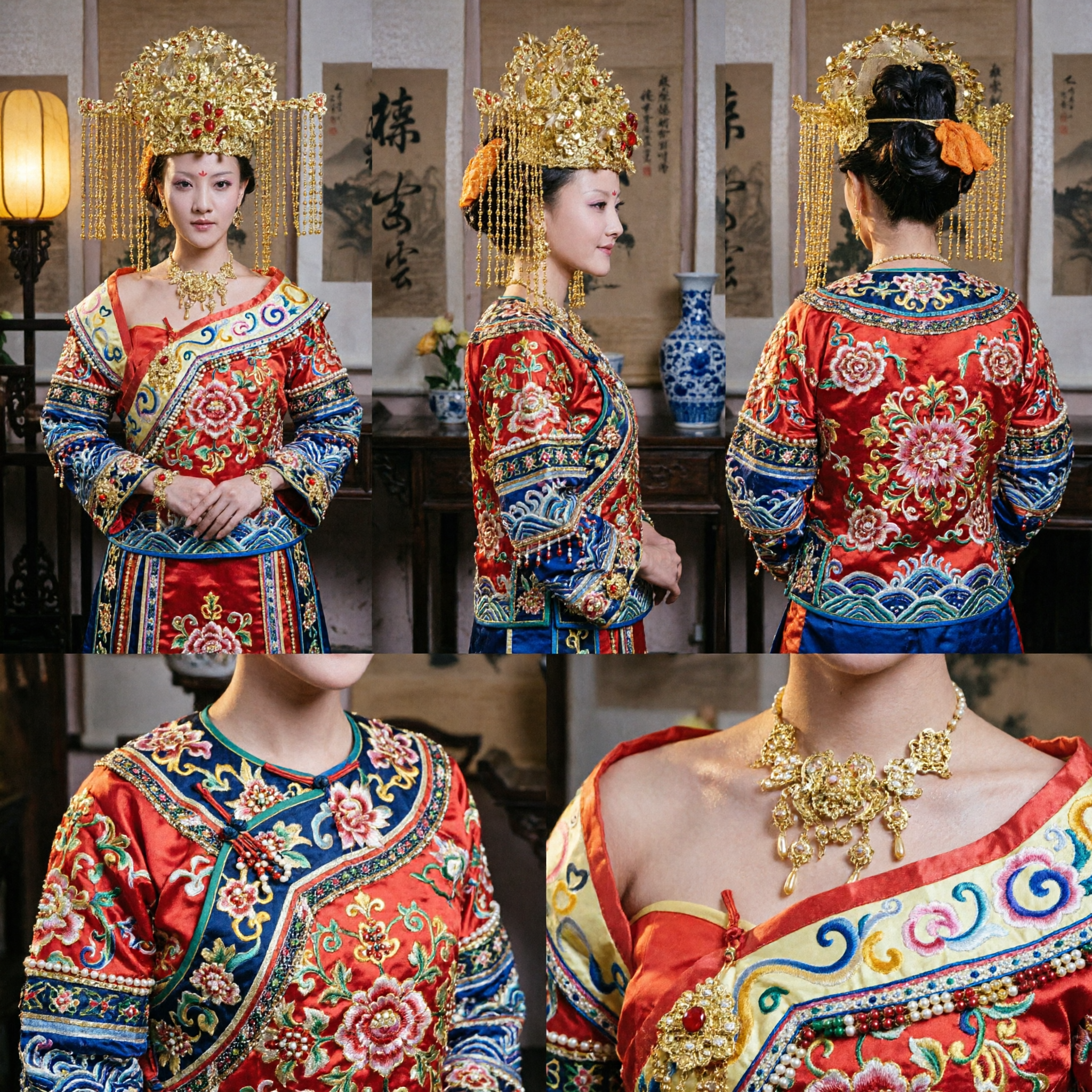 전통 중국 금빛 봉황 관 머리장식 고대 황후 신부 헤어 액세서리 한푸 웨딩 의식 - Asian Costume