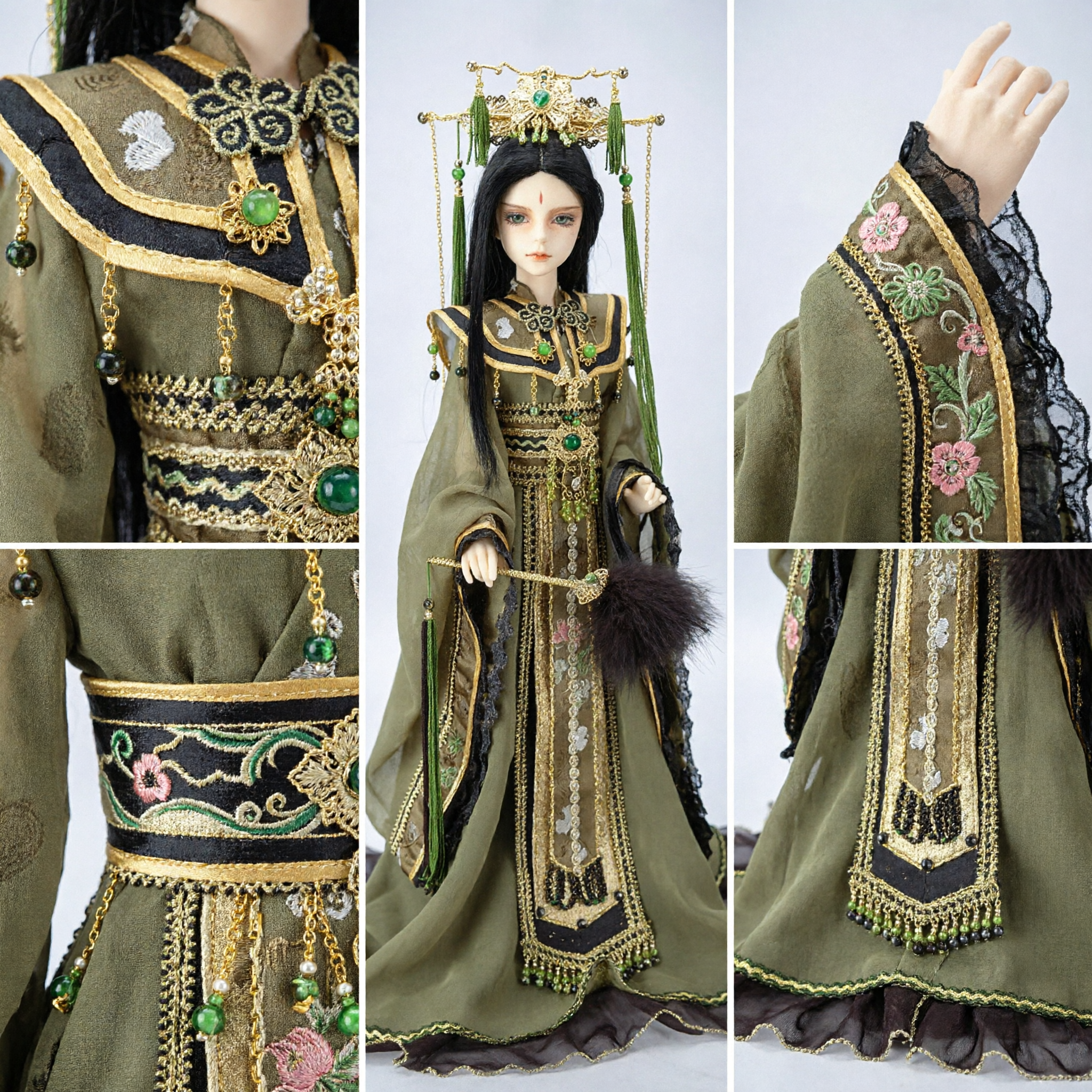 전통 중국 한푸 의상 세트 BJD 인형용 고대 스타일 녹색 로브 정교한 머리장식 - Asian Costume