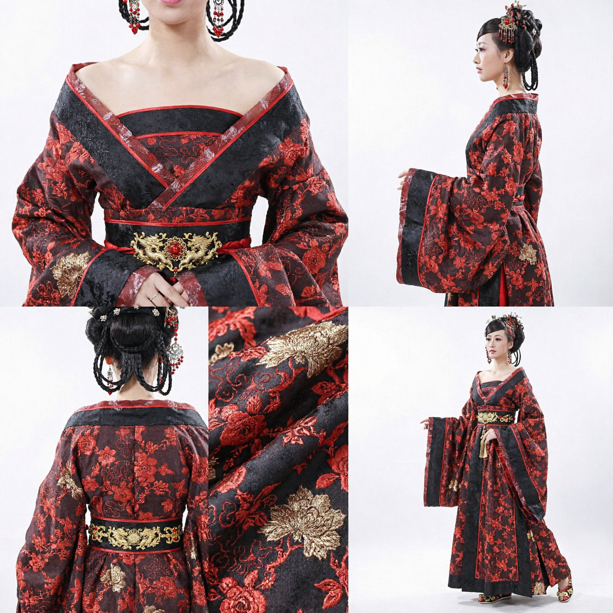Elegante Vestito Hanfu in Broccato Floreale Nero e Rosso Costume Antico Tradizionale Cinese per Donne per Cosplay e Spettacoli - Asian Costume