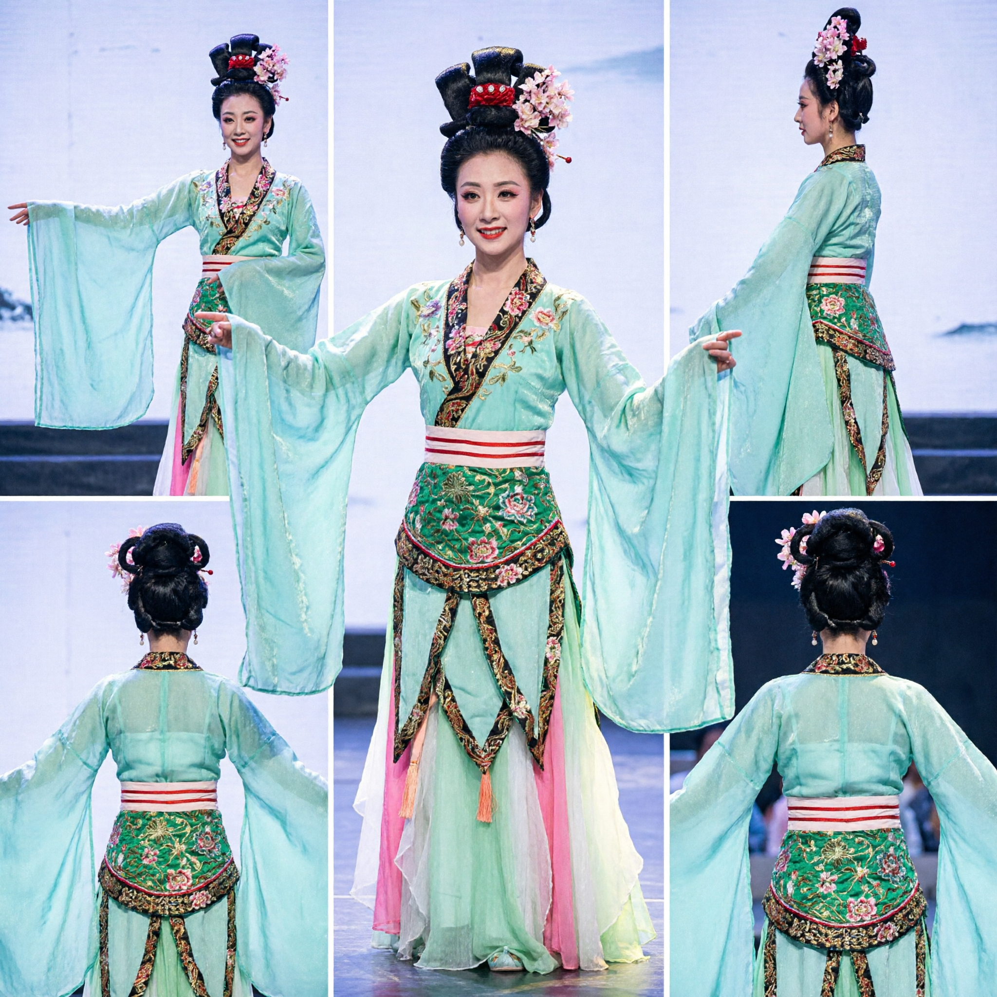 Elegante Costume da Danza Classica Cinese Verde con Maniche ad Acqua Lunghe e Copricapo Floreale per Donne - Asian Costume