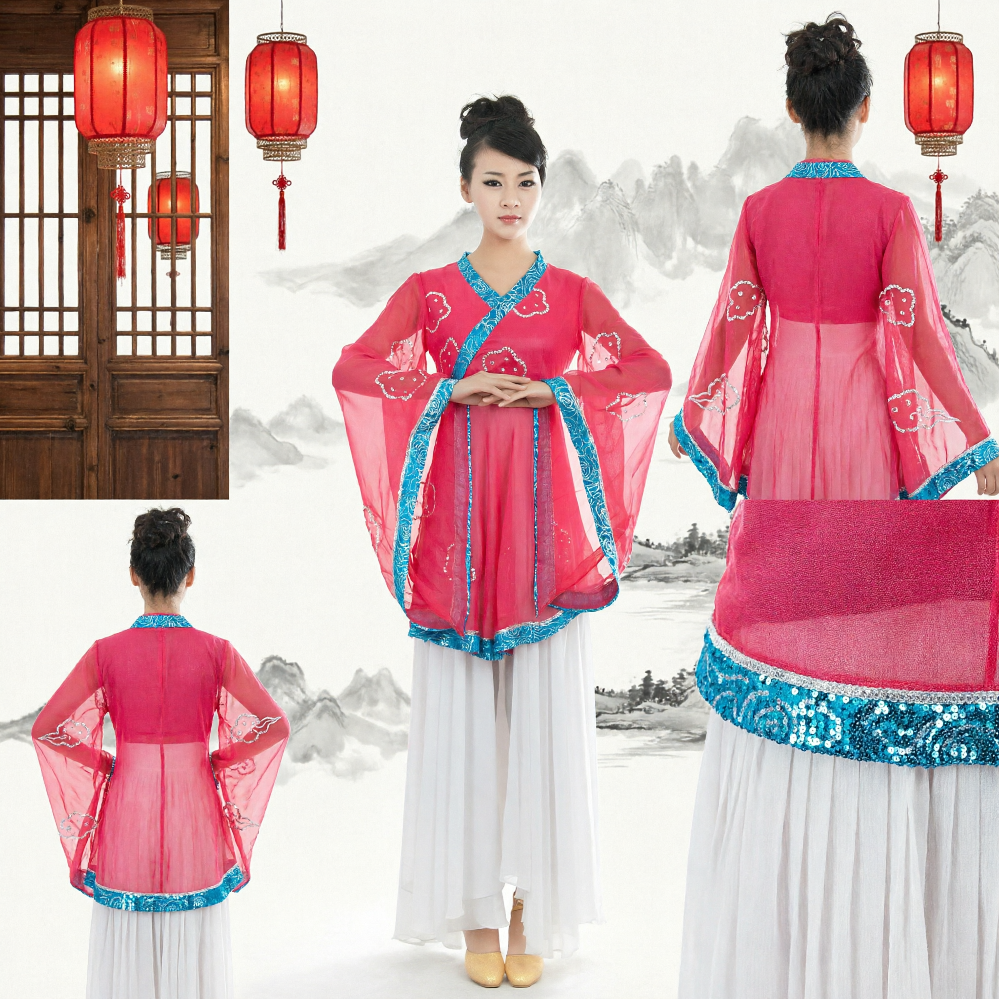 Traditional Chinese Hanfu Costume Women Ancient Fairy Dress Pink Classical Dance Performance Outfit with Blue Trim - Asian Costume