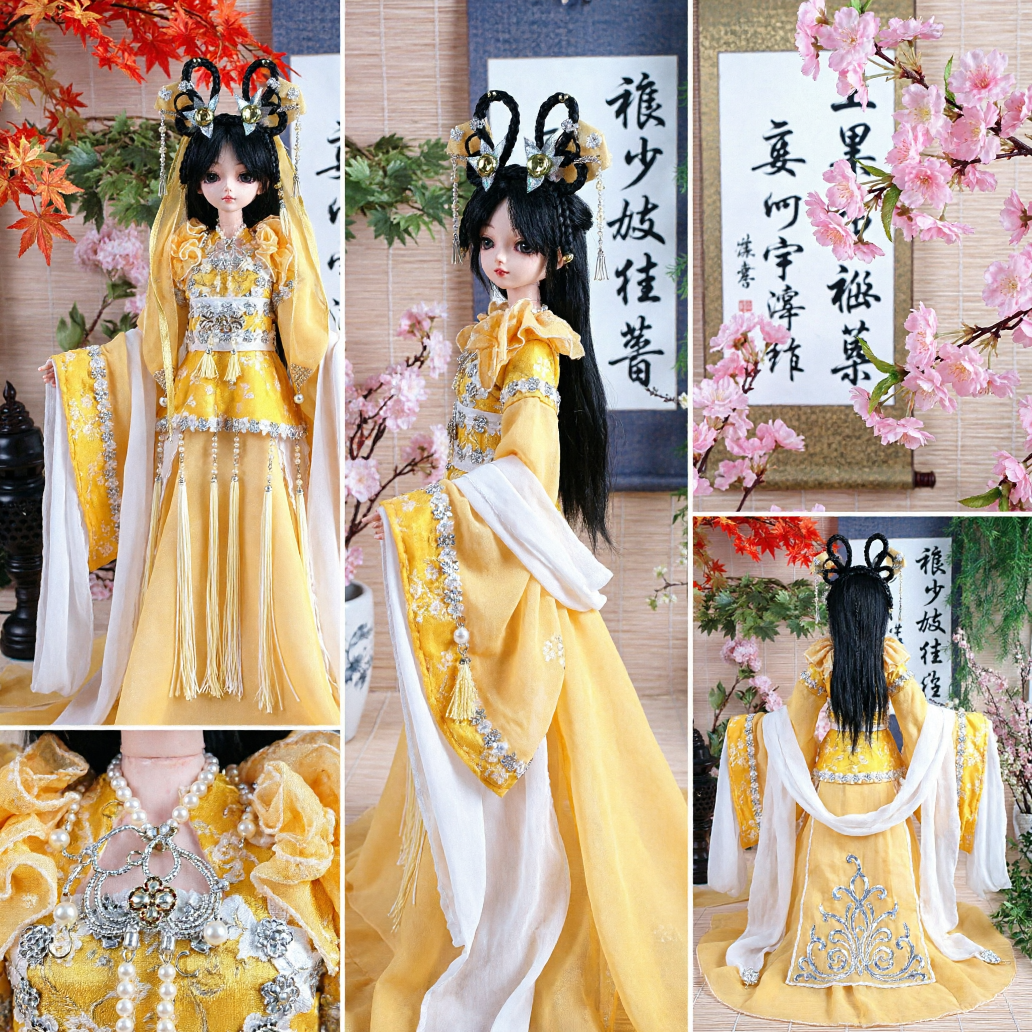Costume Hanfu traditionnel chinois jaune exquis pour poupée BJD, ensemble de robe de princesse fée ancienne avec coiffe - Asian Costume