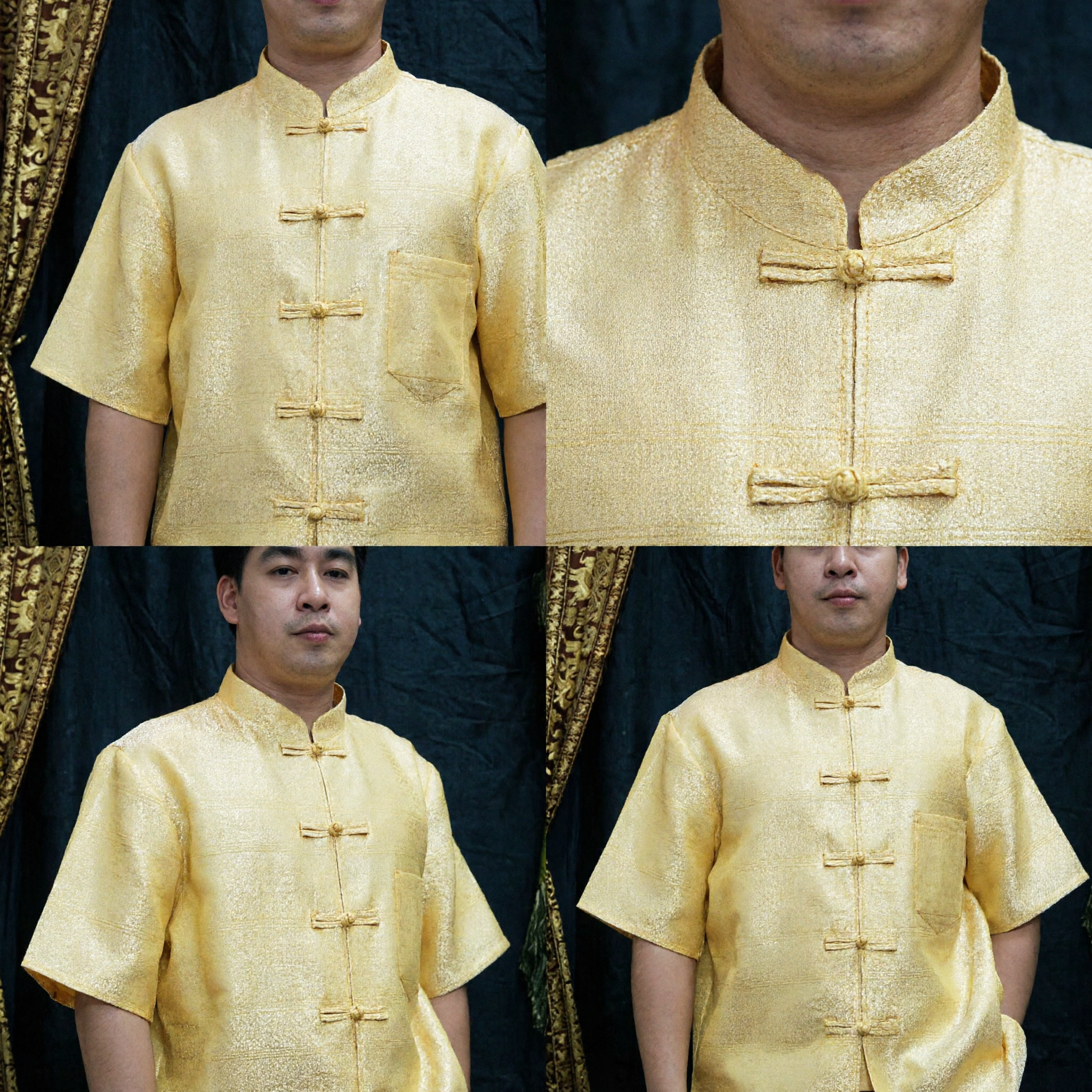 Camisa Tangzhuang Tradicional Chinesa Masculina, Gola Mandarim de Brocado Dourado Manga Curta, Parte de Cima para Kung Fu e Tai Chi - Asian Costume