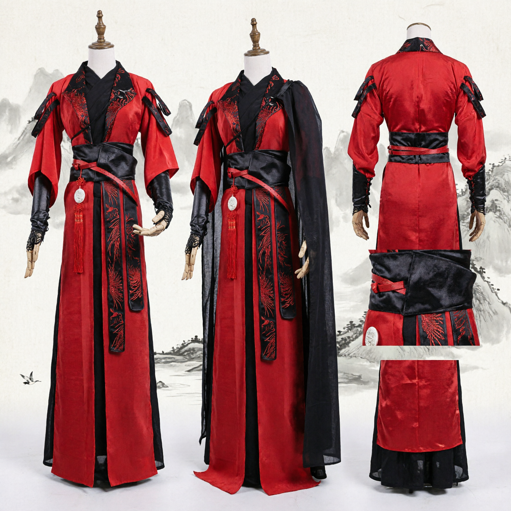 Traditioneel Chinees Hanfu Rood Zwart Gewaad Oud Zwaardvechter Cosplay Kostuum Wuxia Gevechtskleding voor Volwassenen - Asian Costume