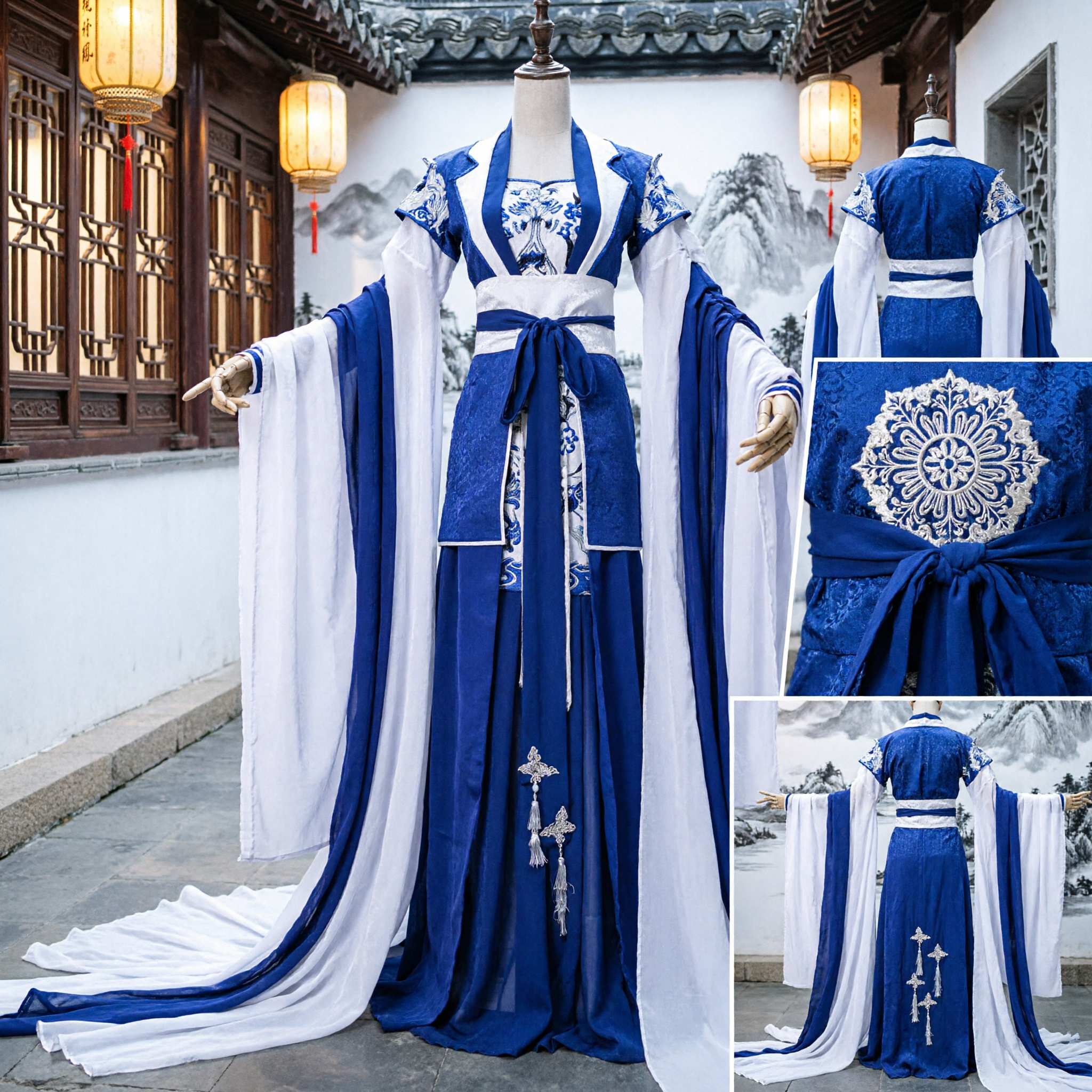 Costume Antico Hanfu Cinese Tradizionale Veste Ricamata in Blu e Bianco per Uomini, Cosplay Wuxia - Asian Costume