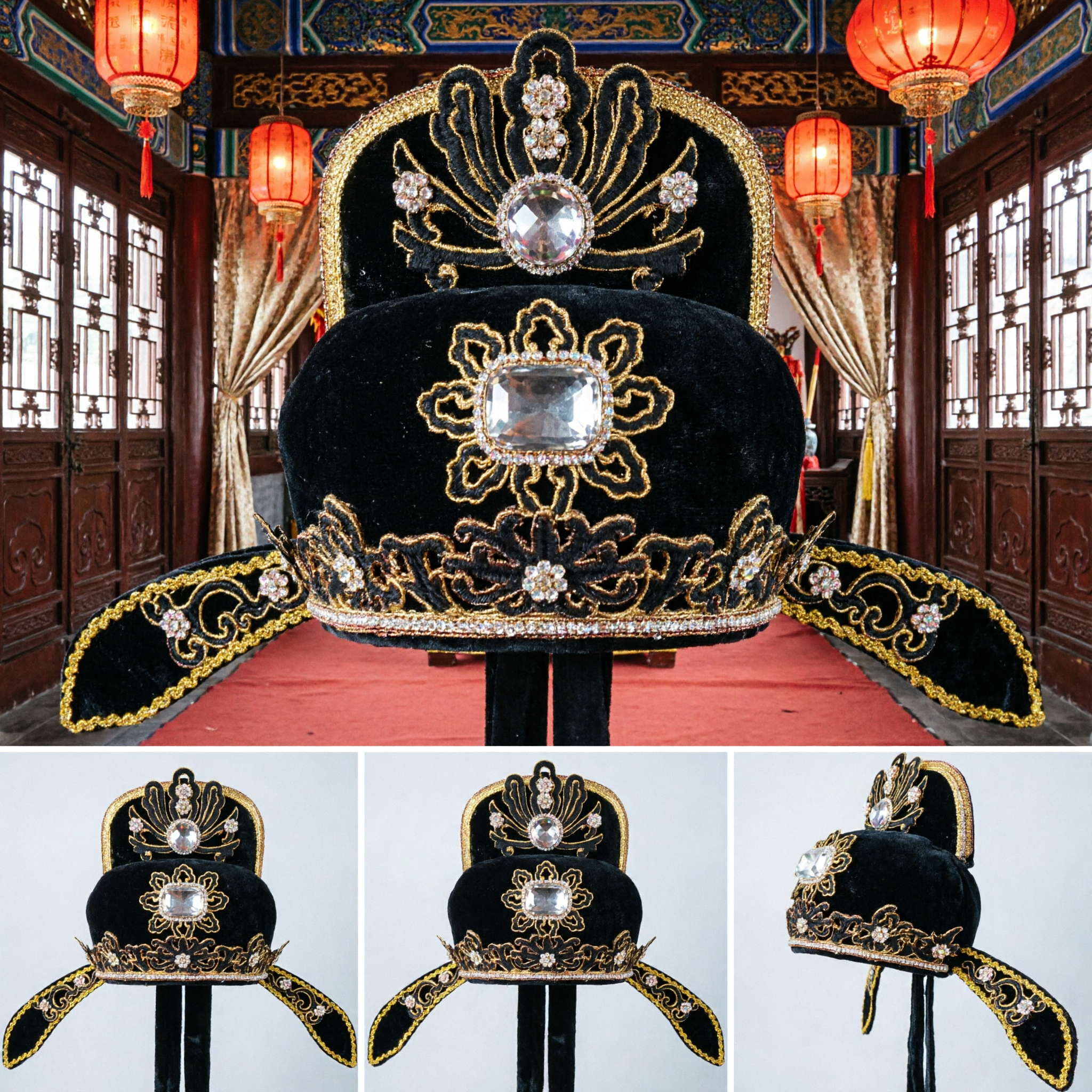 Chapéu Oficial de Veludo Preto da Ópera de Pequim Chinês Tradicional com Bordado a Ouro e Strass para Performance no Palco - Asian Costume