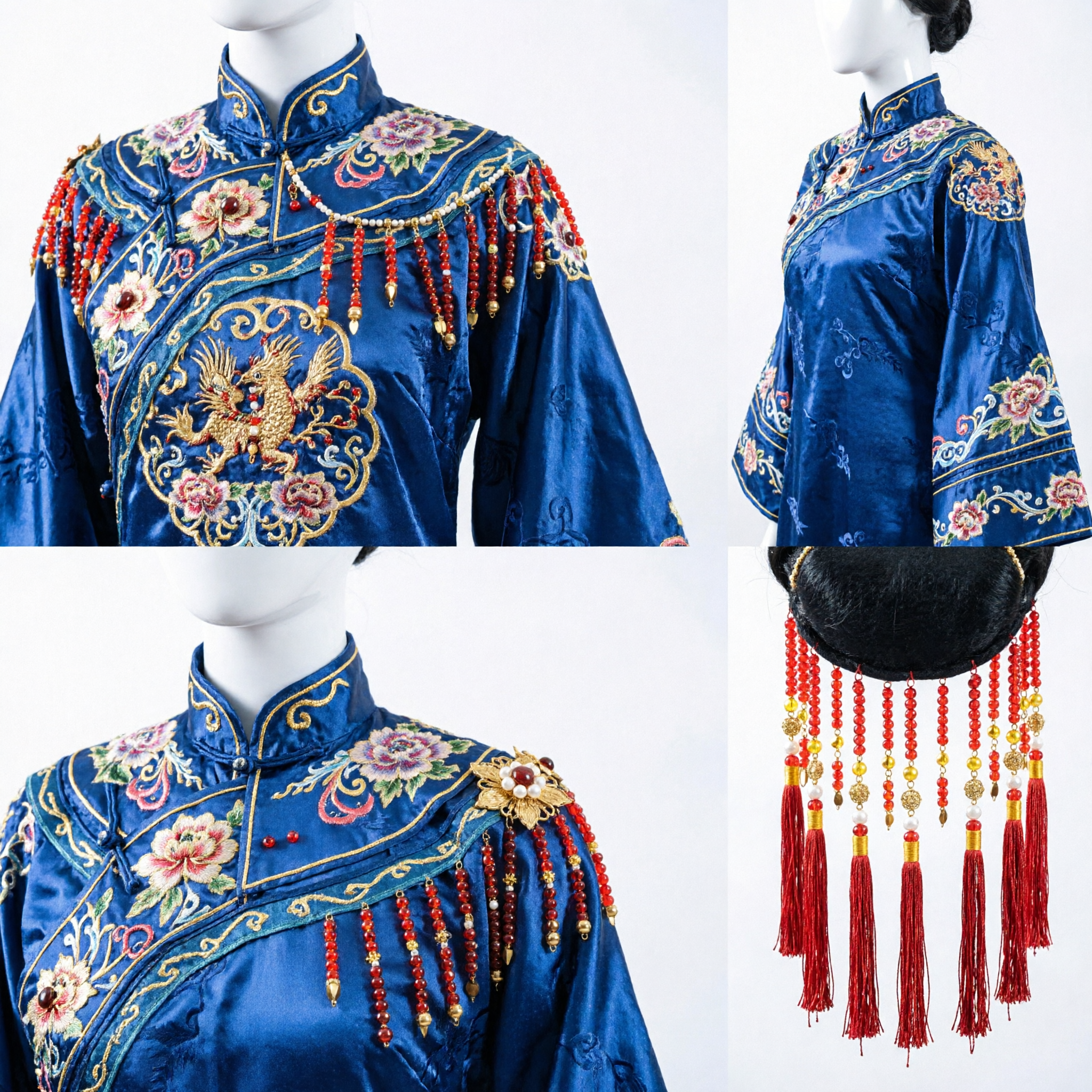 정교한 금색 봉황 관 헤어피스 빨간 구슬 술 포함 전통 중국 신부 웨딩 한푸 의상용 - Asian Costume