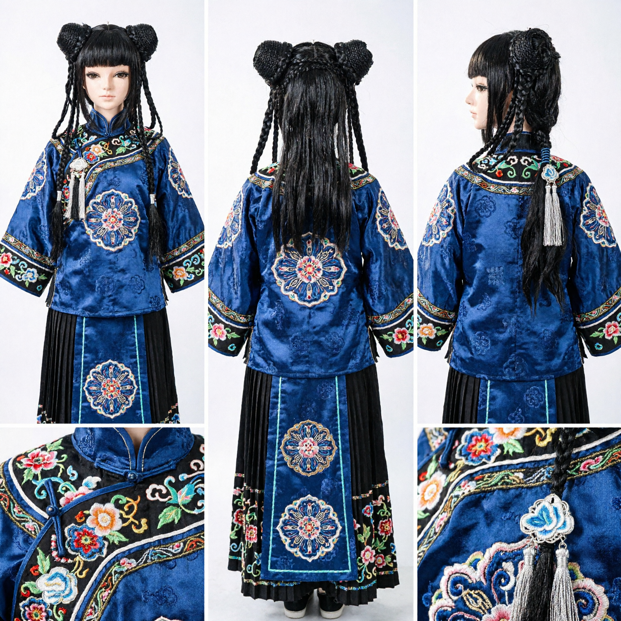 Perruque traditionnelle chinoise ancienne style noir avec doubles chignons tressés pour costume de cosplay Hanfu - Asian Costume