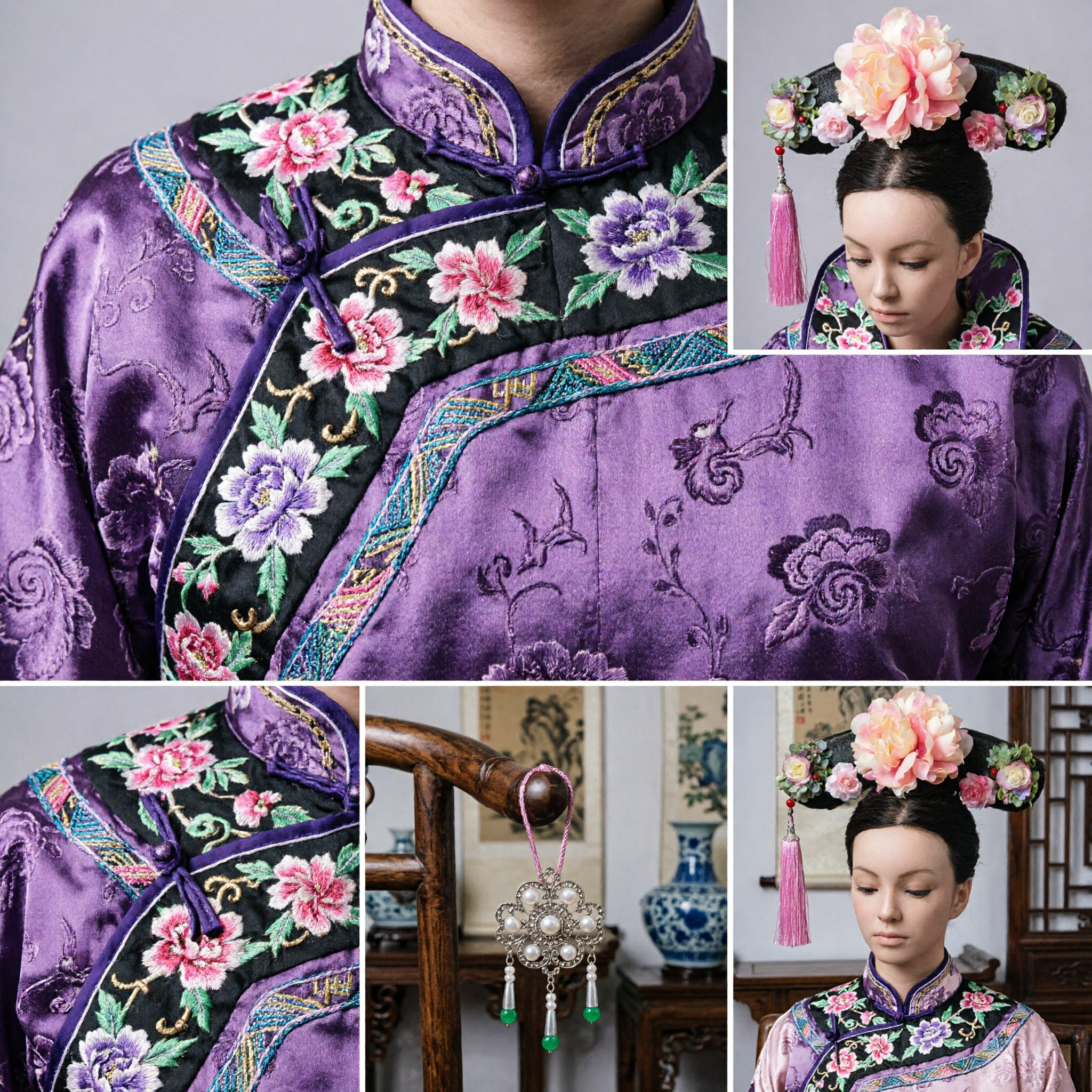 Традиционный китайский маньчжурский головной убор династии Цинь с цветочным орнаментом и кистями для Ханьфу, свадебных костюмов и аксессуаров для женщин - Asian Costume