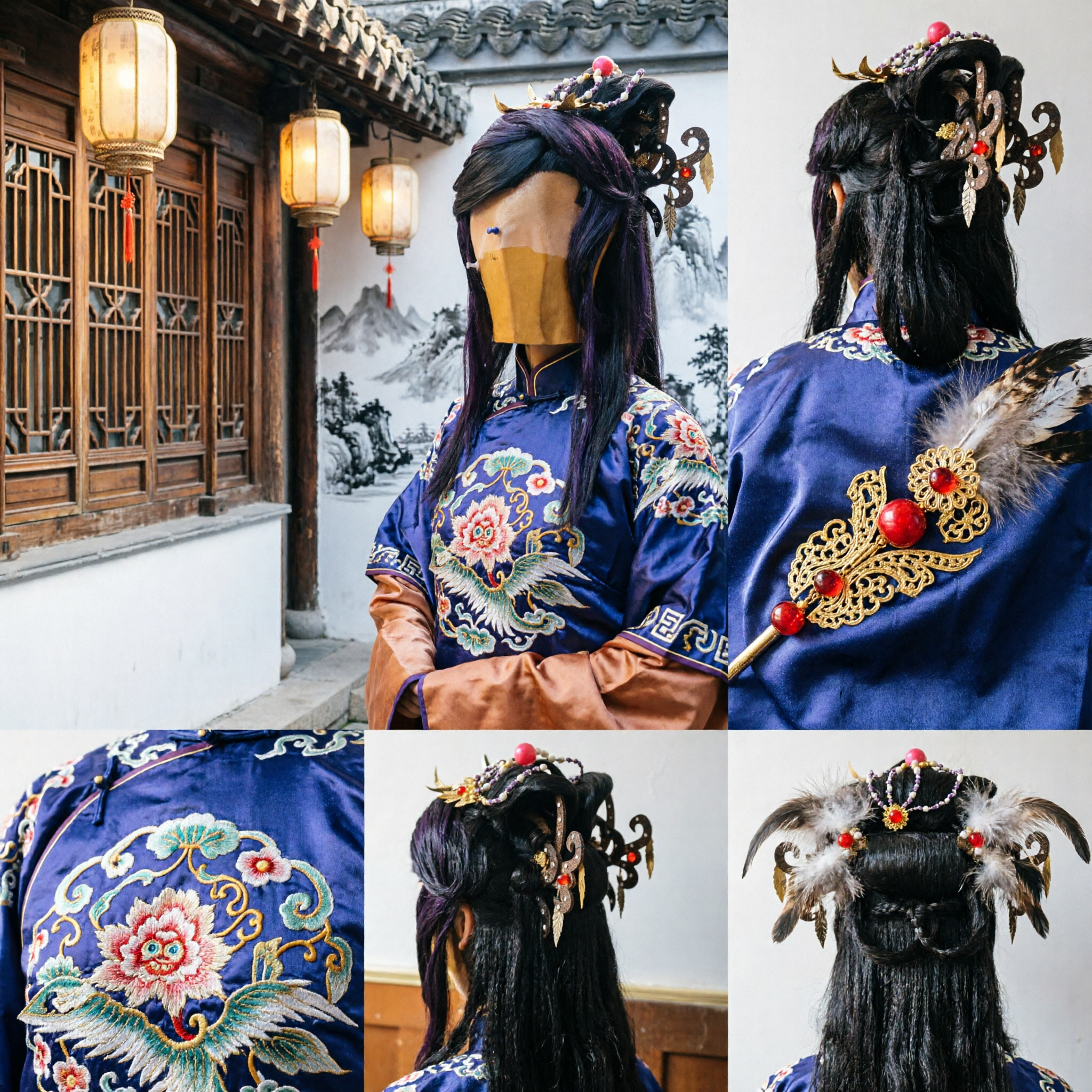 Tradycyjna starożytna stylowa czarna peruka z ozdobnymi ornamentami do włosów na cosplay i wydarzenia z kostiumami Hanfu - Asian Costume