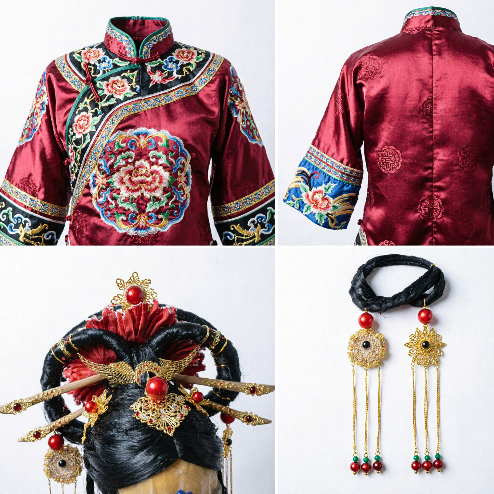 Peluca y Tocado de la Ópera de Pekín Tradicional China con Horquillas de Fénix Dorado y Plumas Rojas para Mujeres, Cosplay de Hanfu Antiguo - Asian Costume