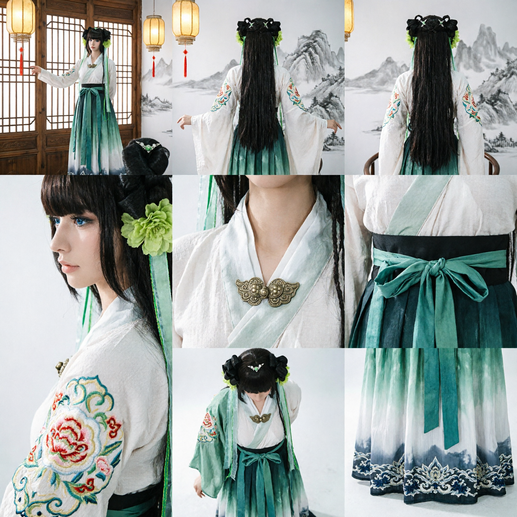 Parrucca Stile Antico Cinese con Accessori Floreali Verdi e Capelli Lunghi Neri per Cosplay Hanfu - Asian Costume