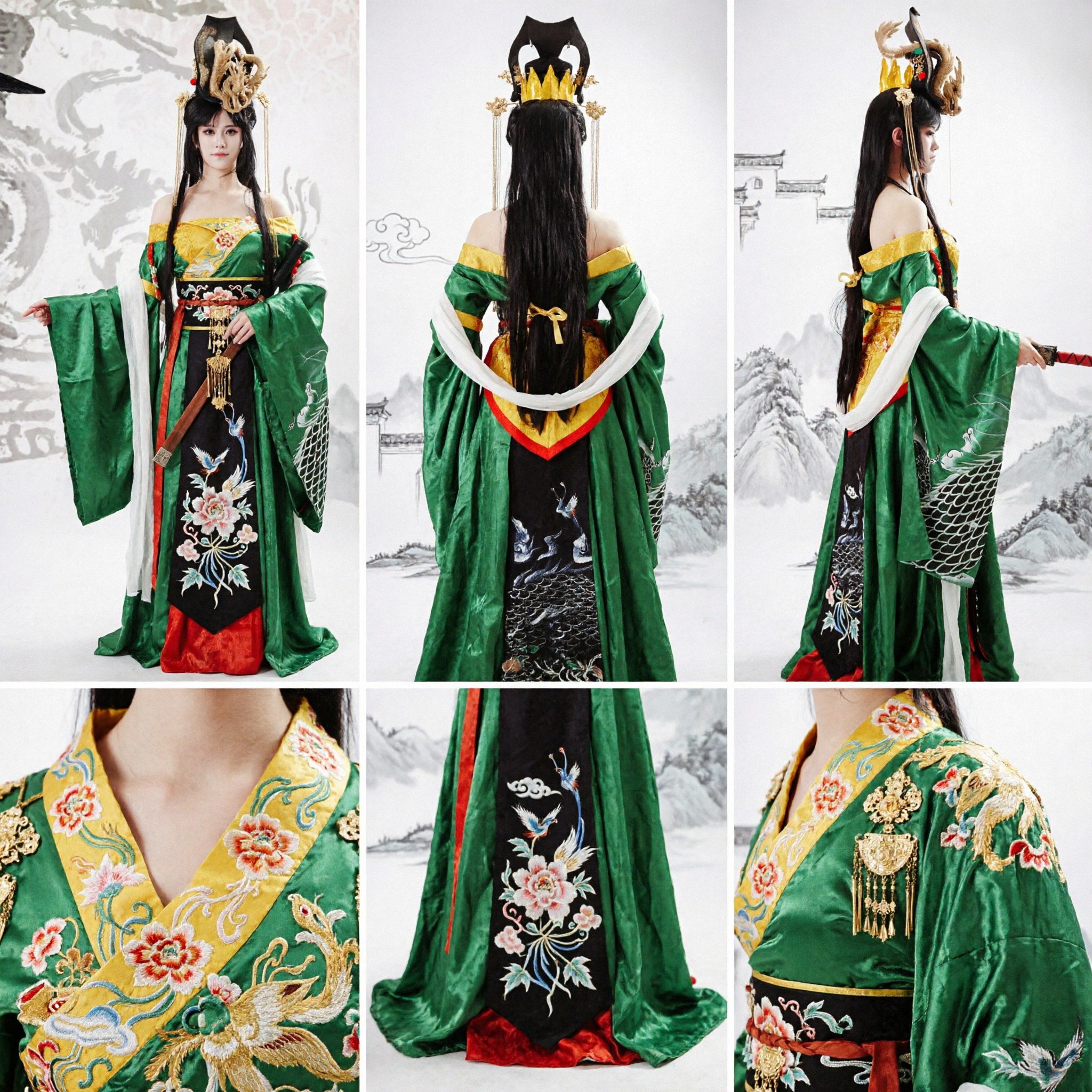 녹색 고풍 중국 여전사 공주 한푸 의상 세트 (용 머리장식과 검 포함), 여성 코스프레용 - Asian Costume