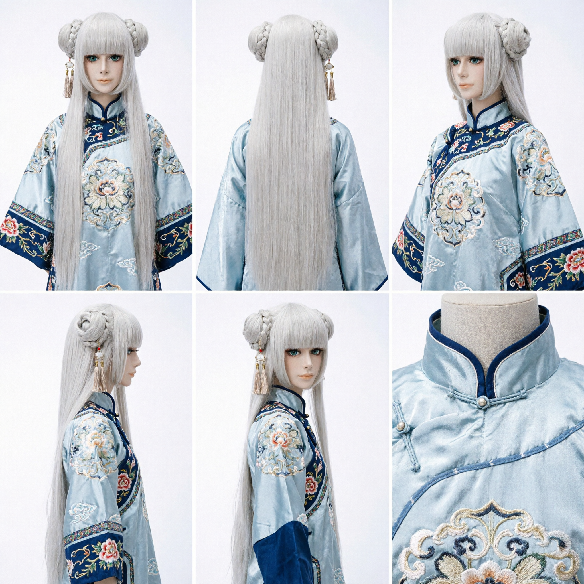 Peluca Larga Blanca con Moños Gemelos Trenzados para Cosplay de Hada de Hanfu Chino Antiguo, Fiesta de Disfraces - Asian Costume