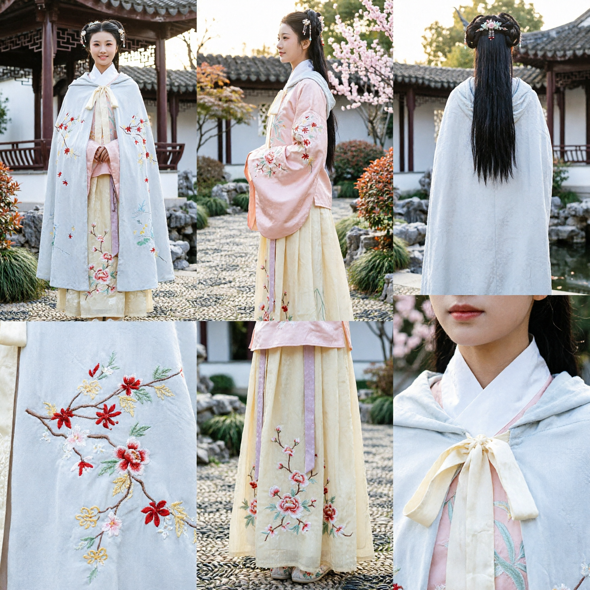 Tradycyjny Chiński Strój Hanfu dla Kobiet z Białą Hafkowaną Kwiatową Peleryną i Różową Suknią do Historycznego Cosplayu - Asian Costume
