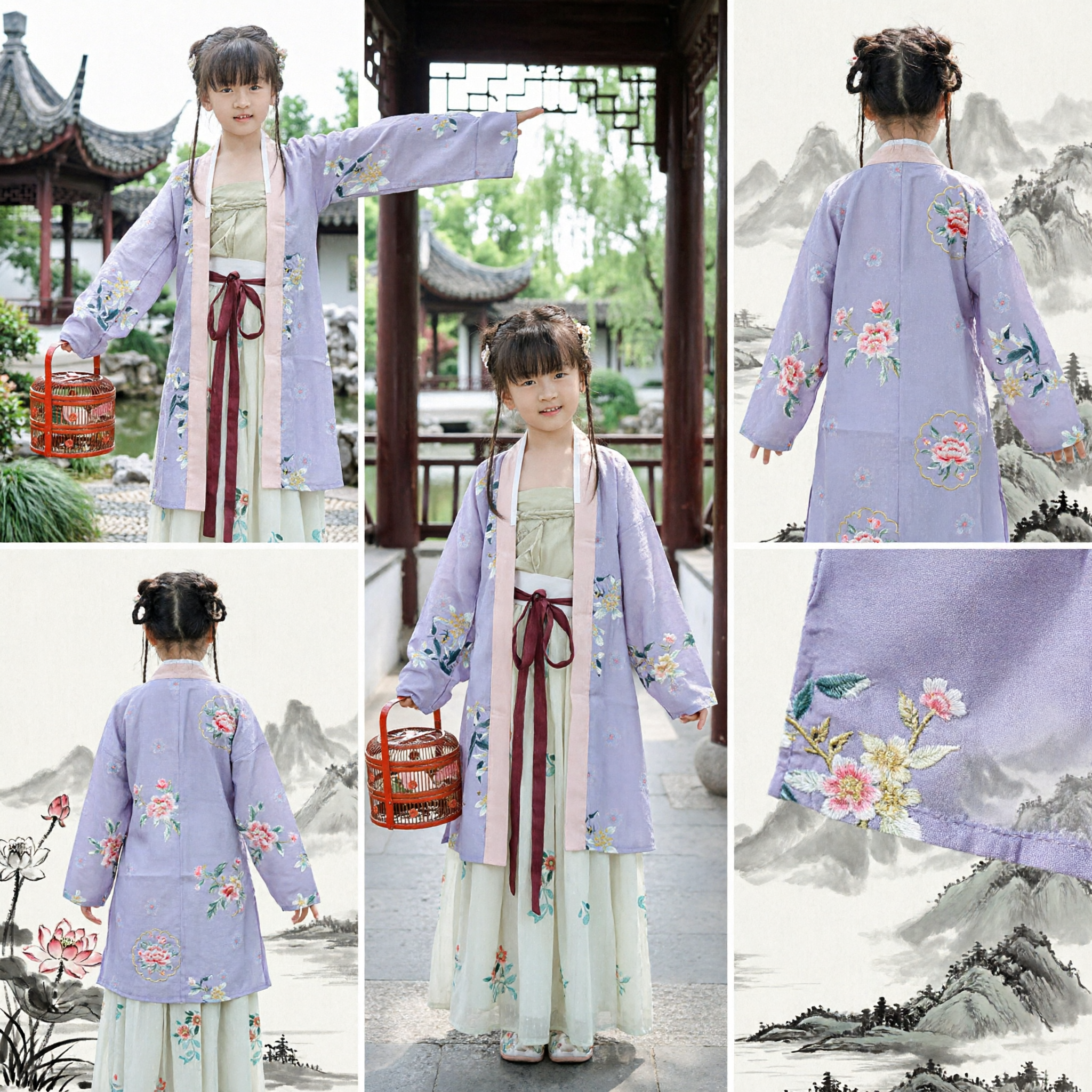 Hanfu Tradicional Chino para Niñas Conjunto de Vestido Antiguo con Túnica Morada Bordada y Vestido Verde - Asian Costume