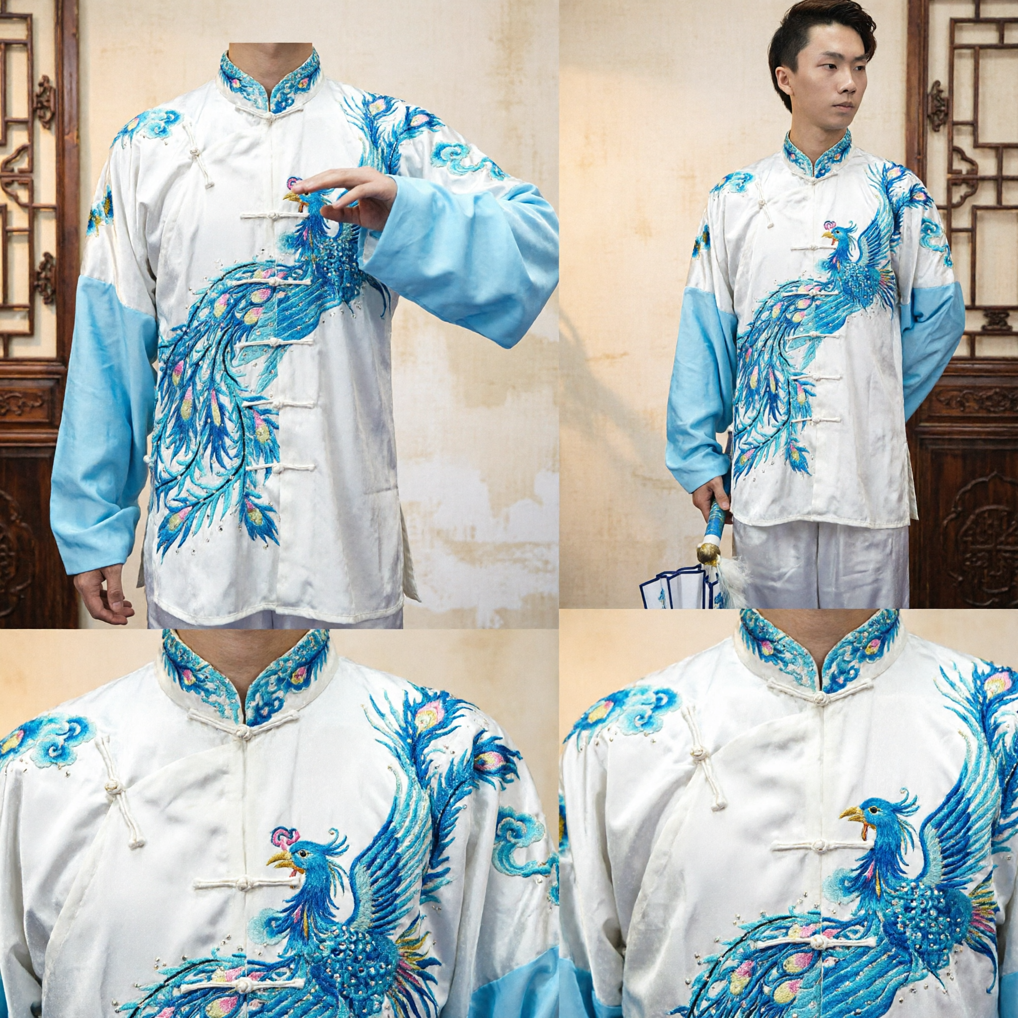 Weiße Seiden-Tai-Chi-Uniform für Männer, blaue Pfauenstickerei, traditionelles Kung-Fu-Wushu-Aufführungskostümset - Asian Costume