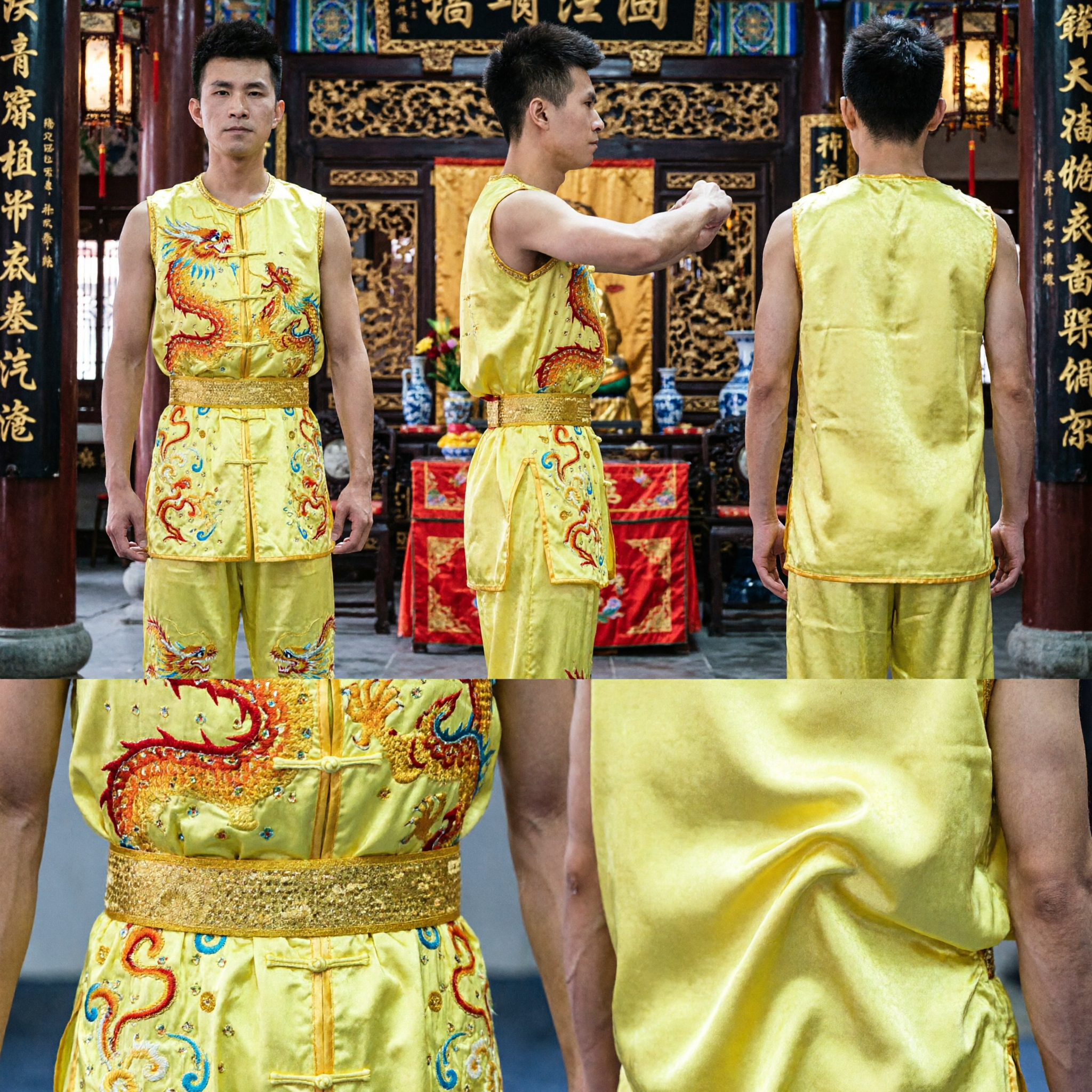 Uniforme de Kung Fu Sem Mangas Amarelo para Homens com Bordado de Dragão Conjunto Tradicional de Traje de Competição de Artes Marciais Wushu - Asian Costume