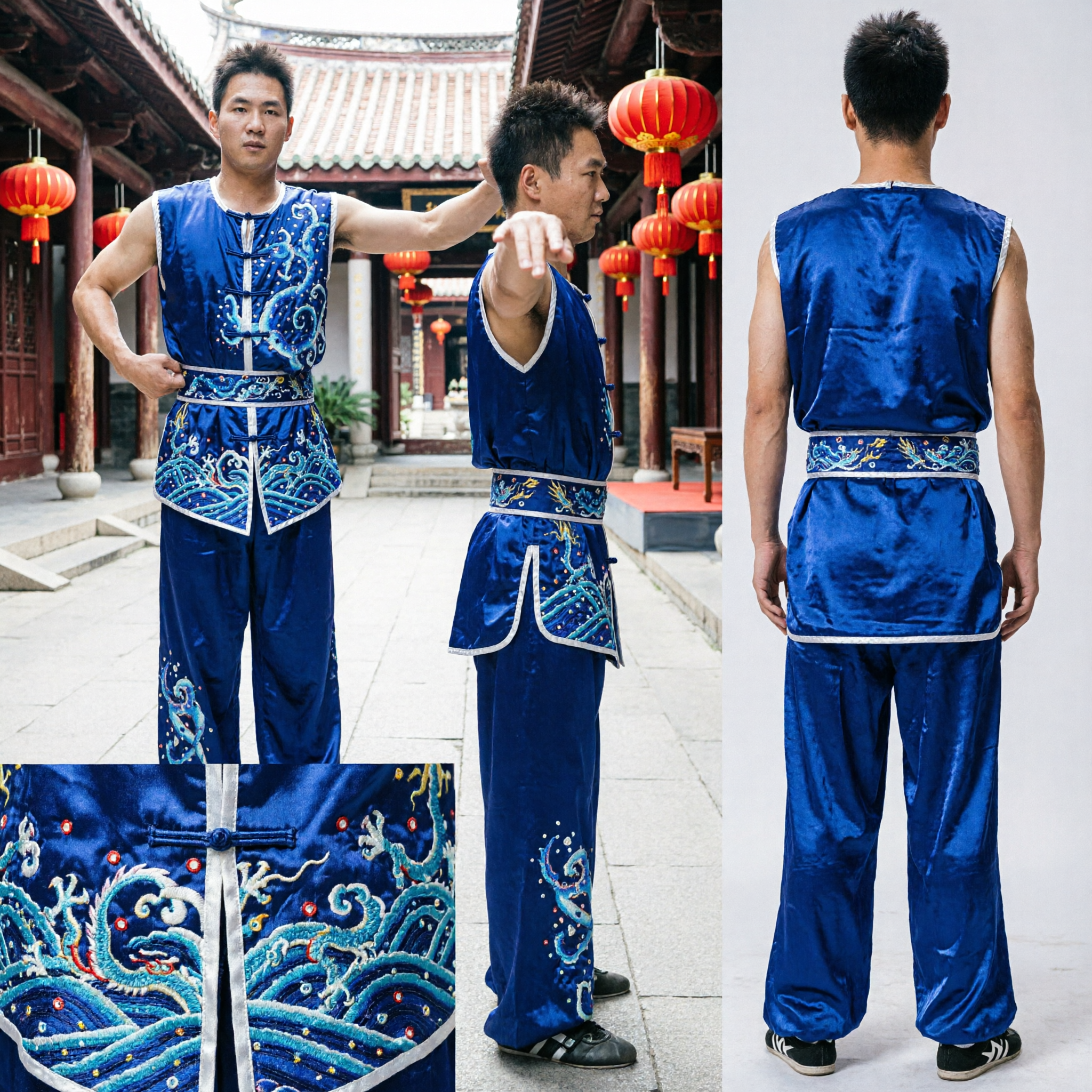 Uniforme de Wushu bleu avec broderie de dragon pour hommes, costume de Kung Fu sans manches pour compétition et entraînement d'arts martiaux - Asian Costume