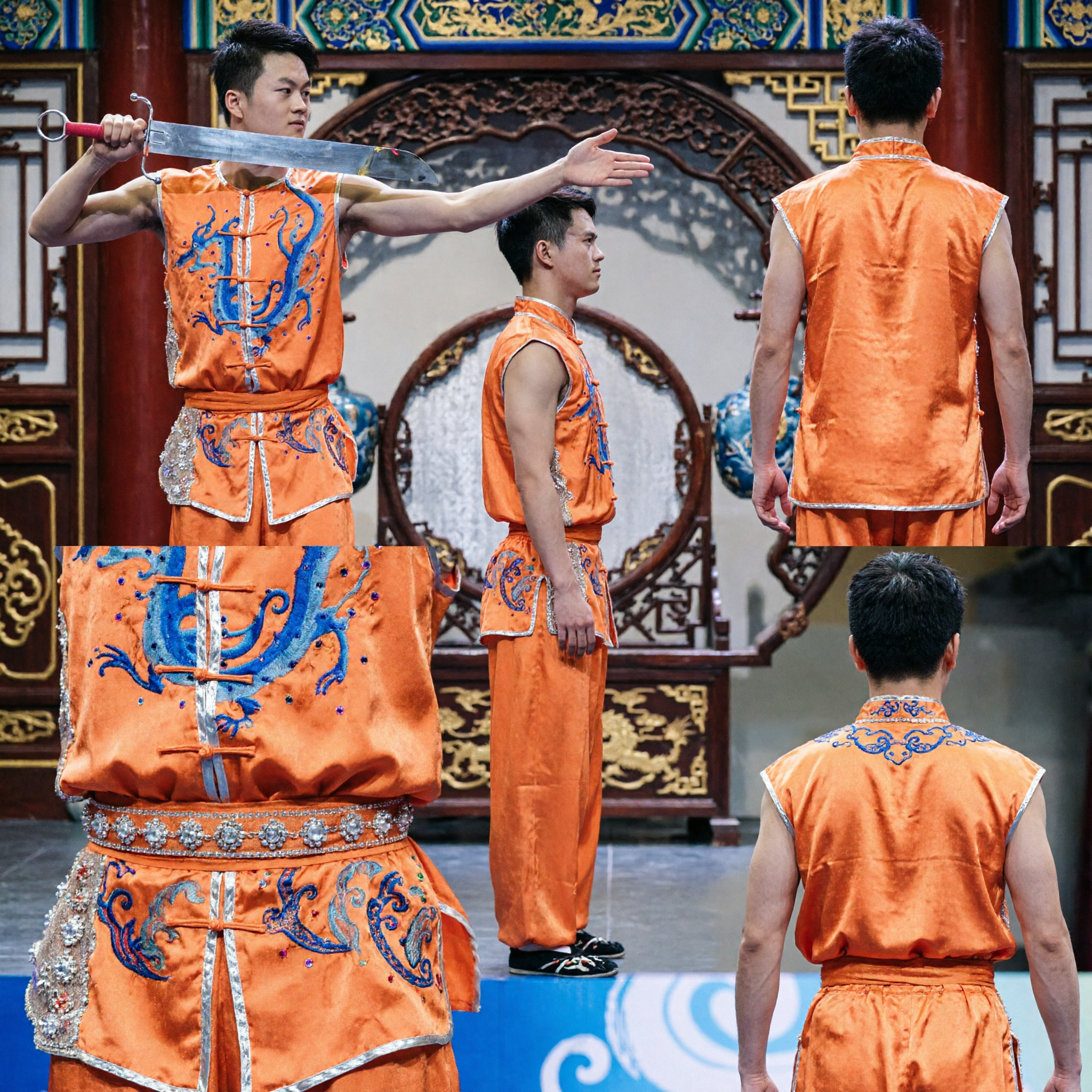 Uniforme de Wushu orange brodé de dragon pour hommes, costume de Kung Fu sans manches pour compétition et spectacle d'arts martiaux - Asian Costume