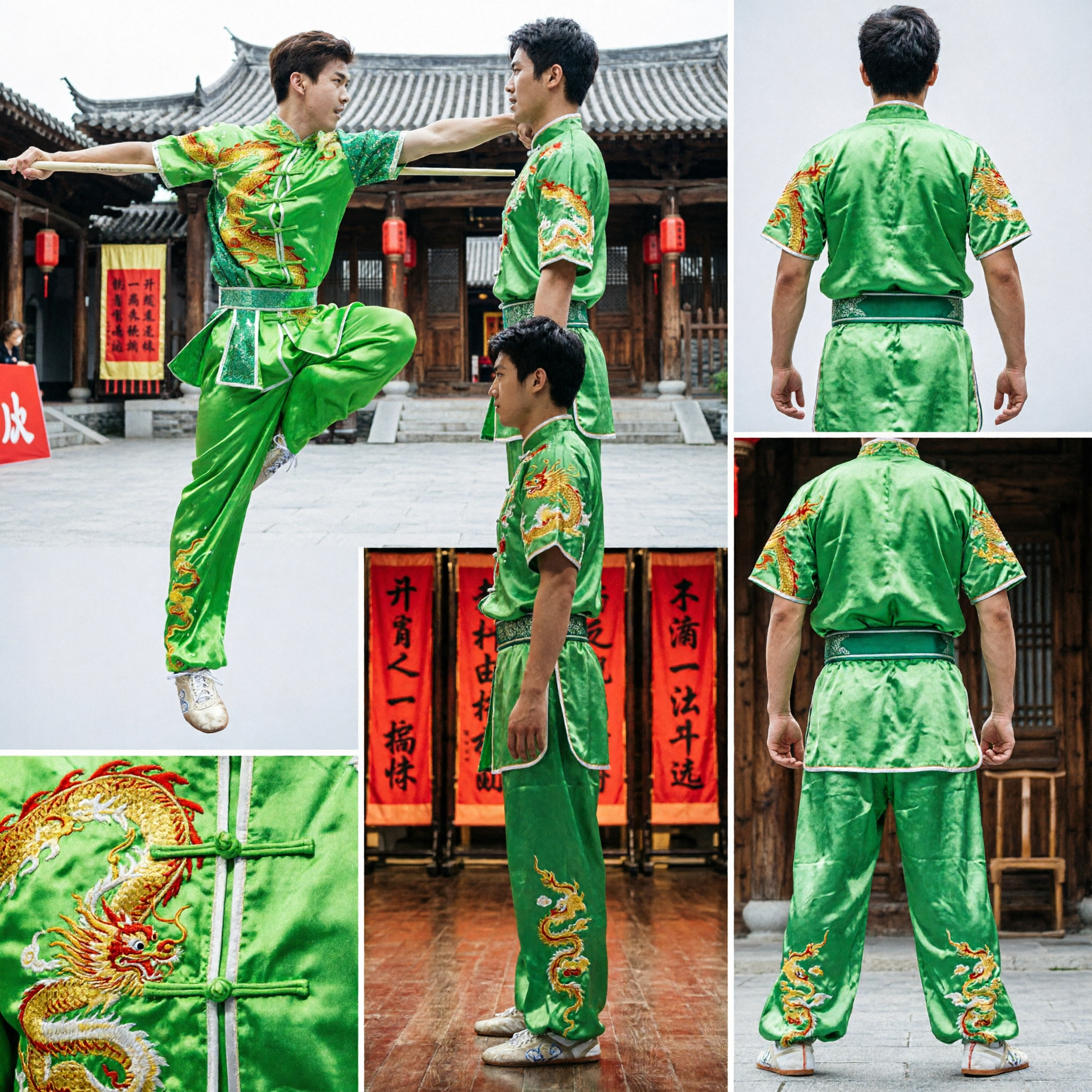 Heren Groene Drakenborduurwerk Kung Fu-uniform Traditioneel Wushu Martial Arts Optredenkostuum Wedstrijd Set - Asian Costume
