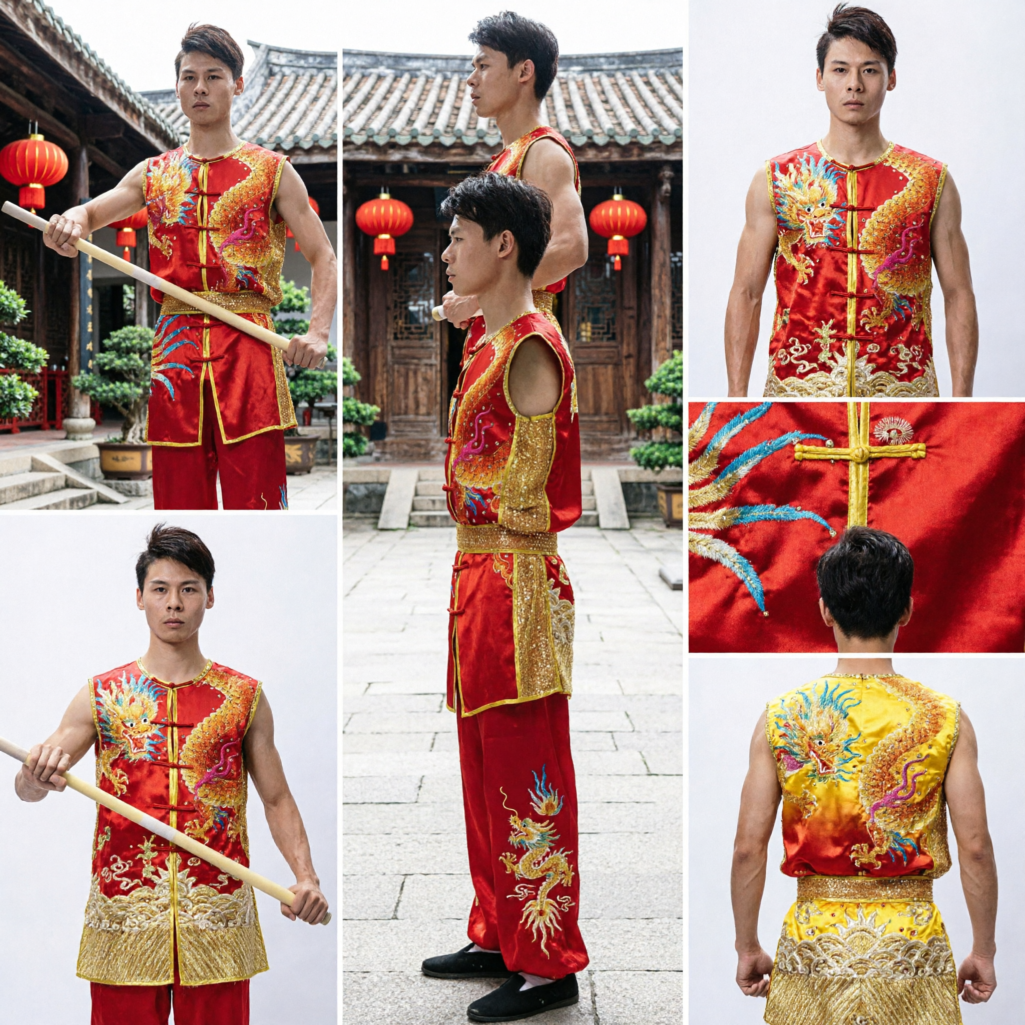 Traditioneel Heren Rood Drakenborduurwerk Wushu Kung Fu-uniform Mouwloos Martial Arts Wedstrijdkostuum - Asian Costume