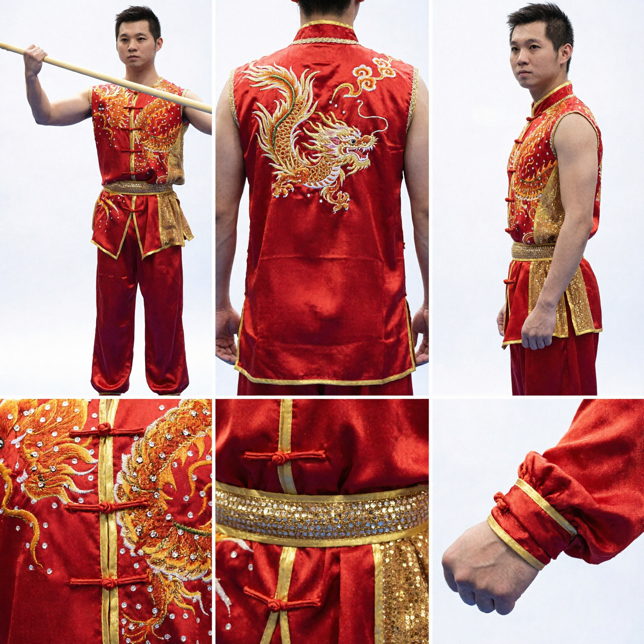 Heren Rood Drakenborduurwerk Wushu Wedstrijd-uniform Mouwloos Traditioneel Kung Fu Martial Arts Optredenkostuum - Asian Costume