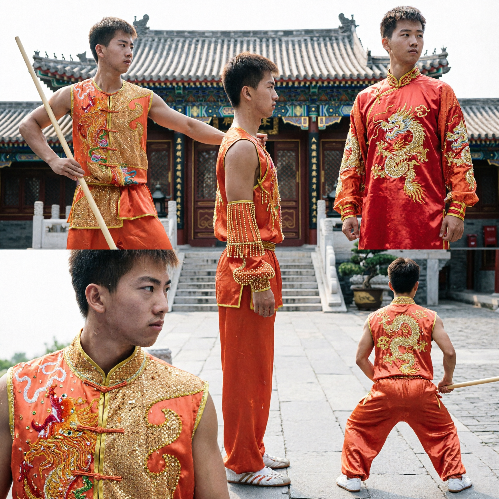 Herren-Orange-Drachenstickerei-Kung-Fu-Uniform Ärmelloses Wushu-Wettkampfkostüm für Kampfkunst-Aufführung - Asian Costume