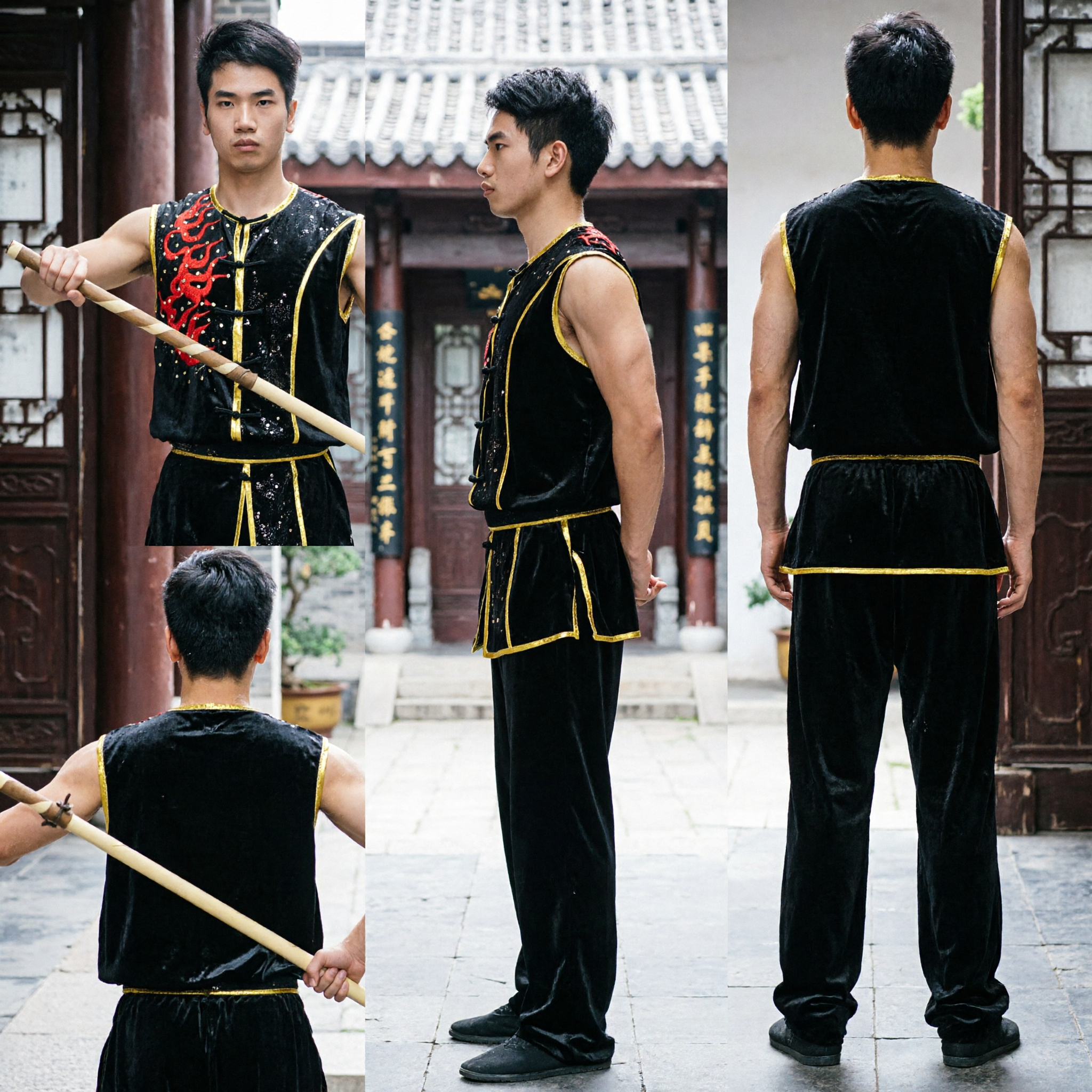 Herren-Schwarze Ärmellose-Wushu-Kung-Fu-Uniform mit Roter Drachenstickerei für Wettkampf-Aufführung - Asian Costume