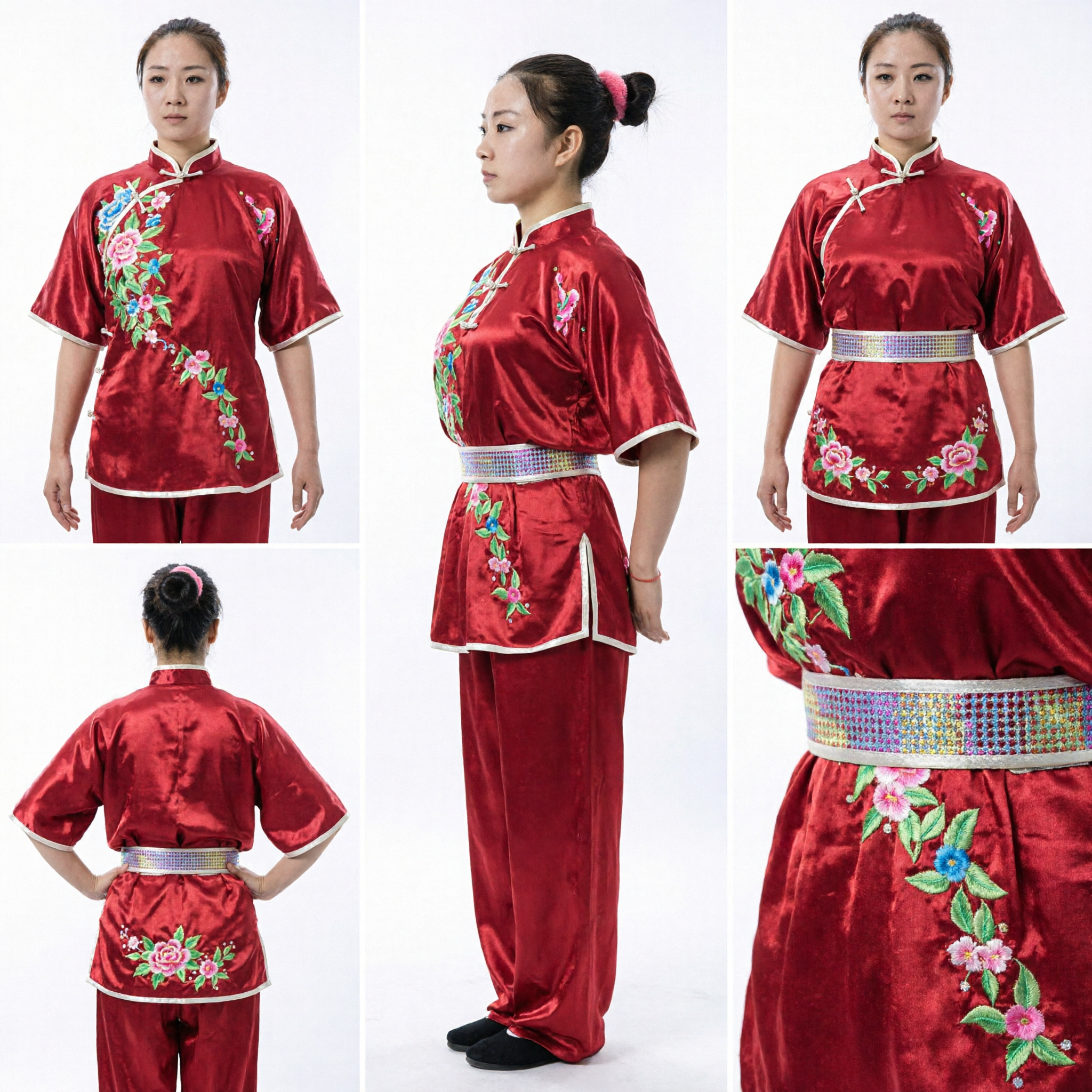 Women's Red Silk Kung Fu Uniform Floral Embroidered Wushu Martial Arts Performance Costume Set - Asian Costume