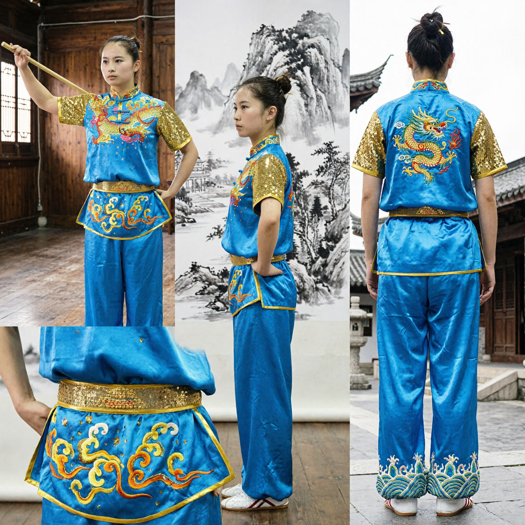 Uniforme de Wushu Changquan Azul para Mulheres com Bordado de Dragão Dourado e Mangas de Lantejoulas para Artes Marciais - Asian Costume