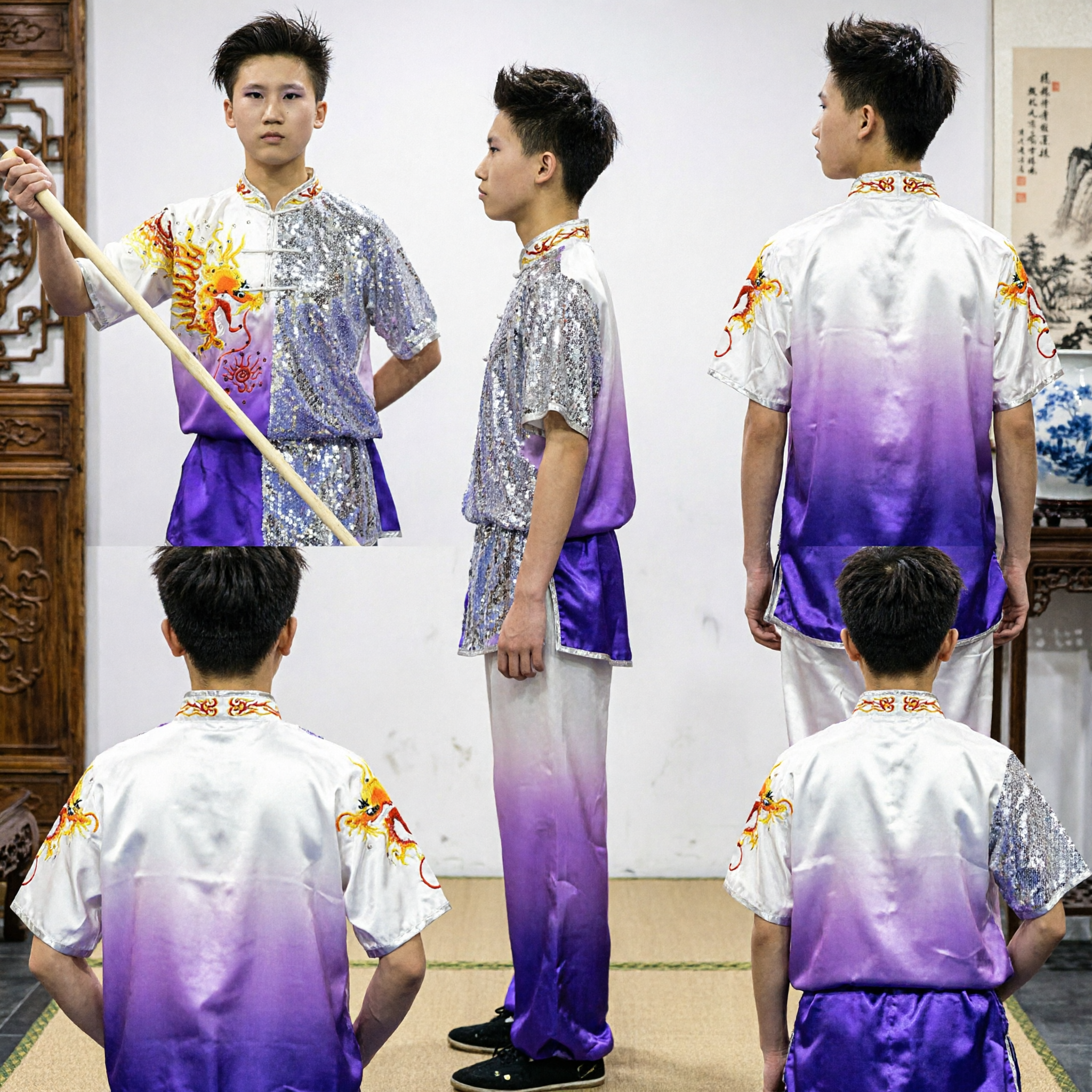 Costume da Kung Fu per bambini/ragazzi, uniforme Wushu, ricamo drago e paillettes, abbigliamento per performance di arti marziali tradizionali - Asian Costume