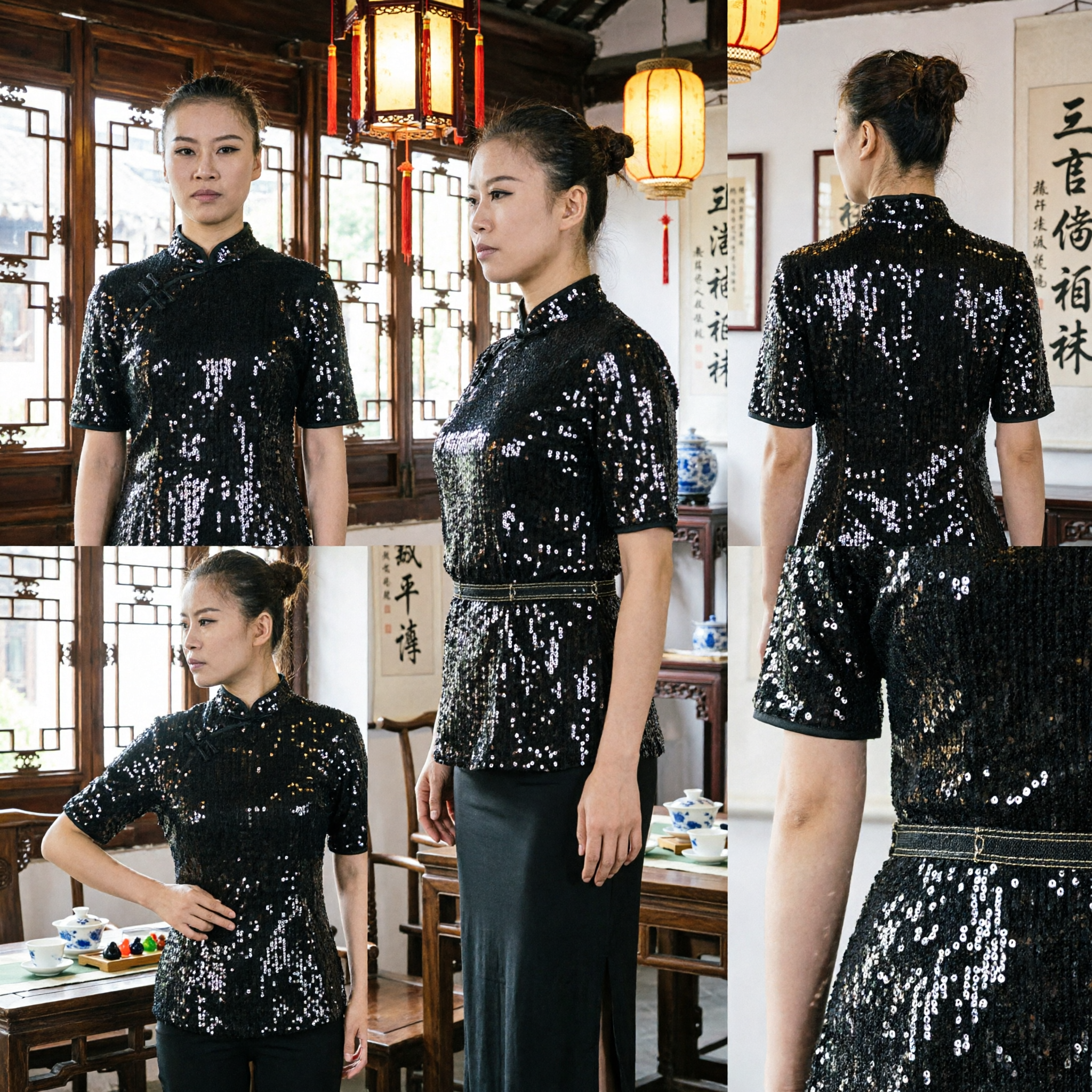 Top da uniforme per arti marziali per donne, nero, paillettes, per competizione e performance professionale di Wushu Kung Fu - Asian Costume