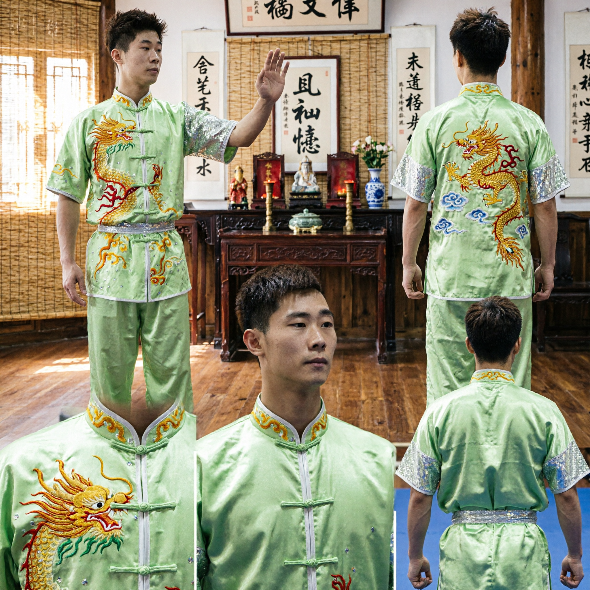 Herren-Hellgrüne-Drachenstickerei-Wushu-Kung-Fu-Uniform-Set für Kampfkunst-Wettkampf-Aufführung - Asian Costume