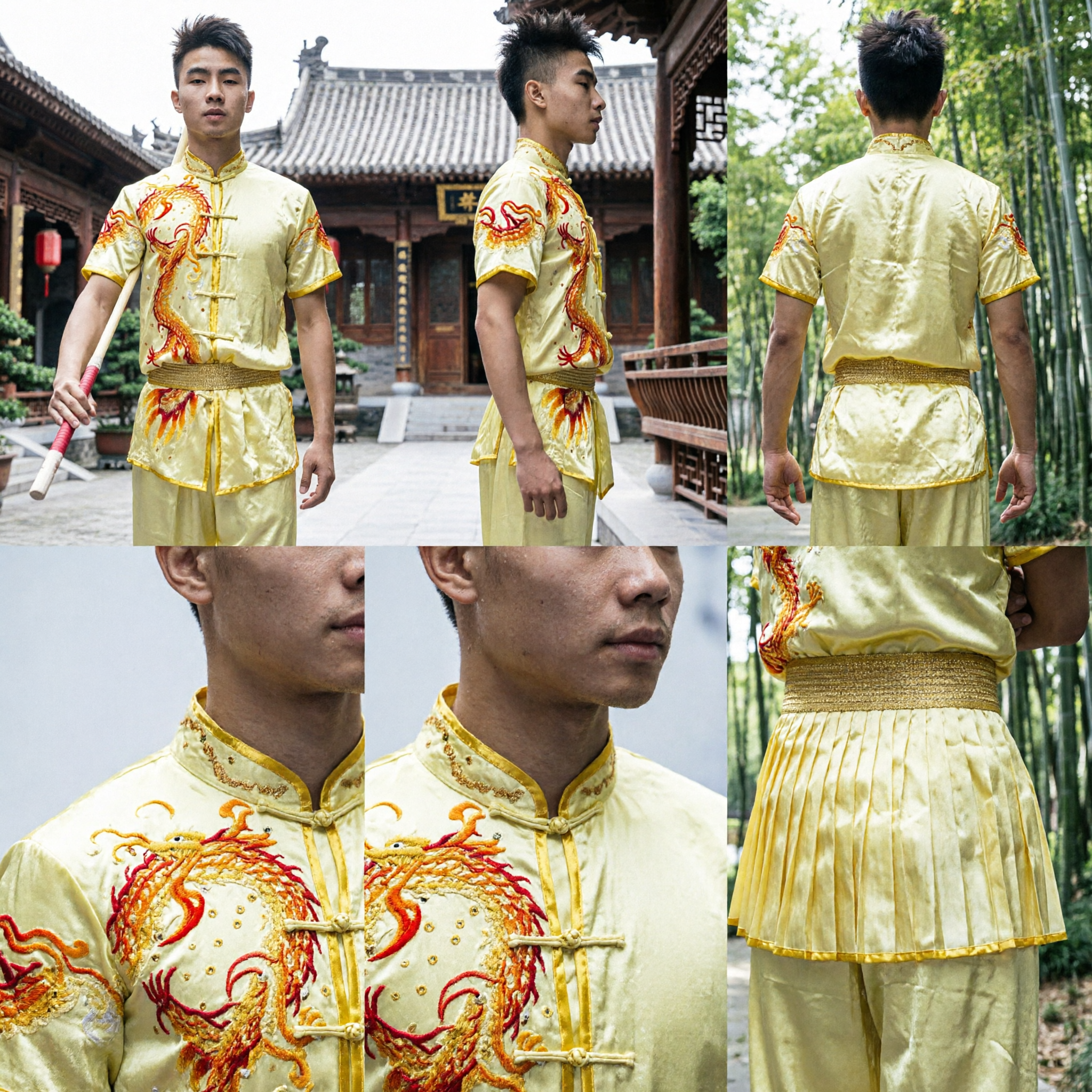 Herren-Gelbe-Drachenstickerei-Kung-Fu-Uniform Traditionelle Wushu-Kampfkunst-Aufführungssatin-Kostüm-Anzug - Asian Costume