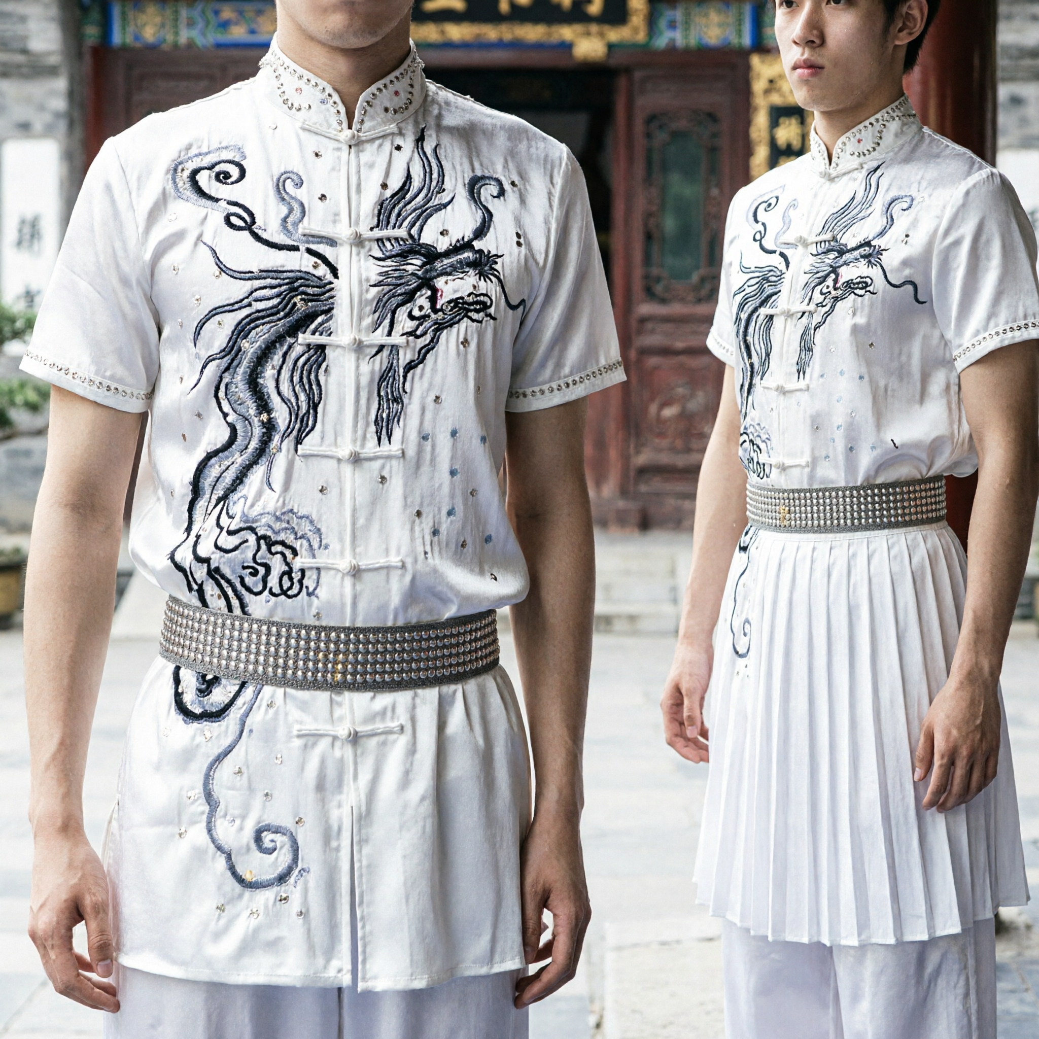Uniforme de Kung Fu Chino de Manga Corta Blanca para Hombres con Bordado de Dragón, Traje Tradicional de Artes Marciales Tang Suit - Asian Costume