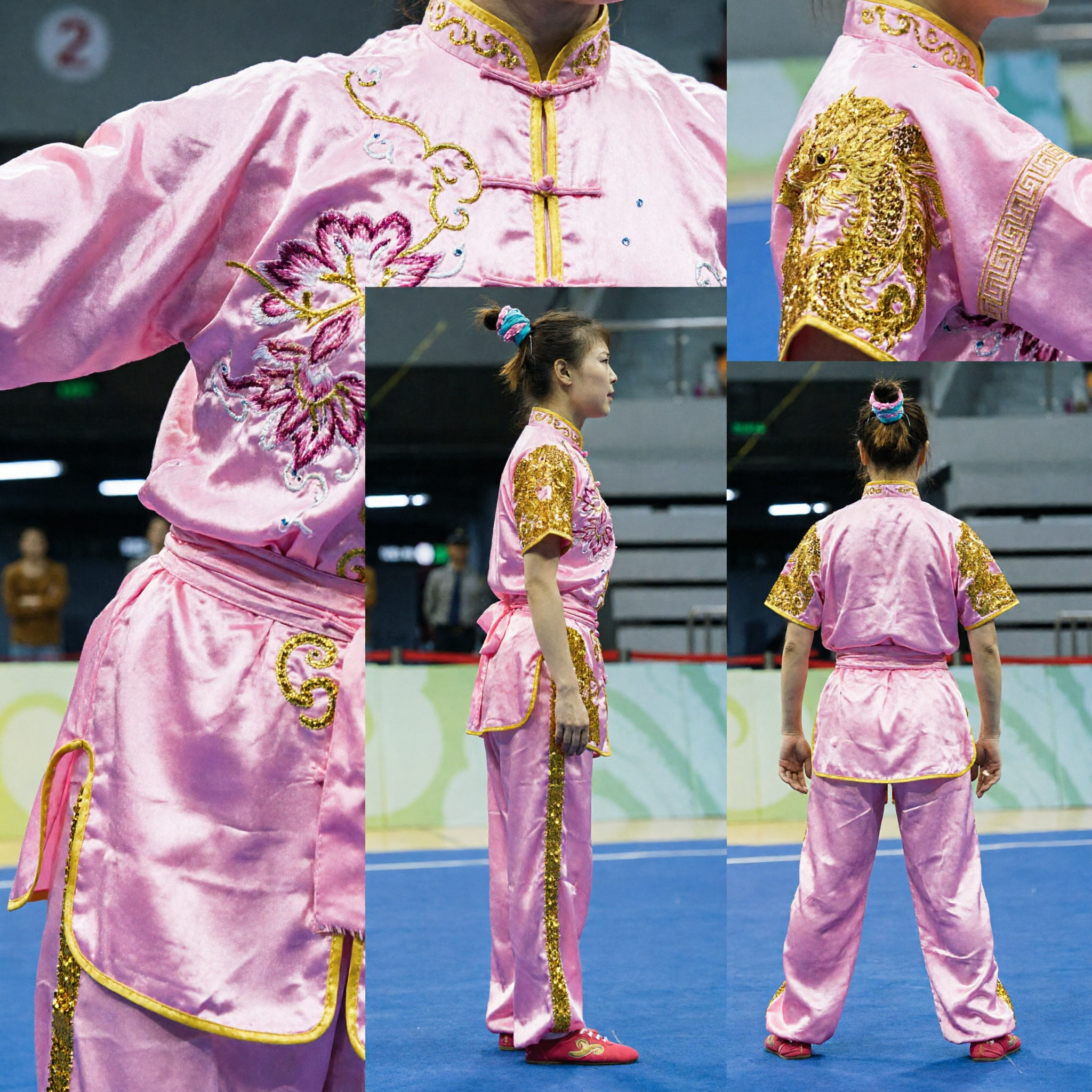 Profesjonalny różowy uniform konkursowy Wushu ze złotym haftem cekinowym dla kobiet uprawiających sztuki walki - Asian Costume