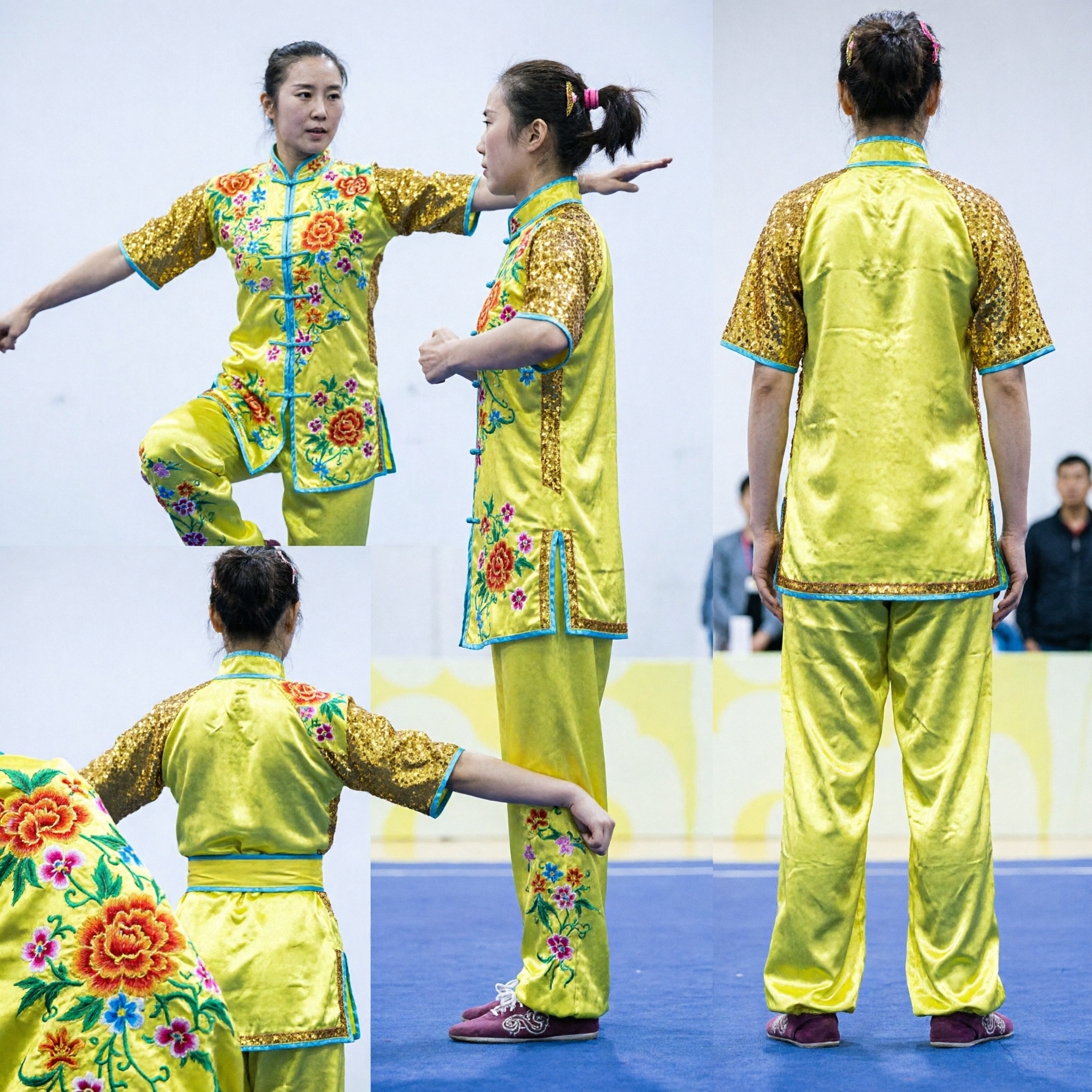 Women's Yellow Floral Embroidery Wushu Uniform Professional Kung Fu Competition Costume Satin Suit - Asian Costume
