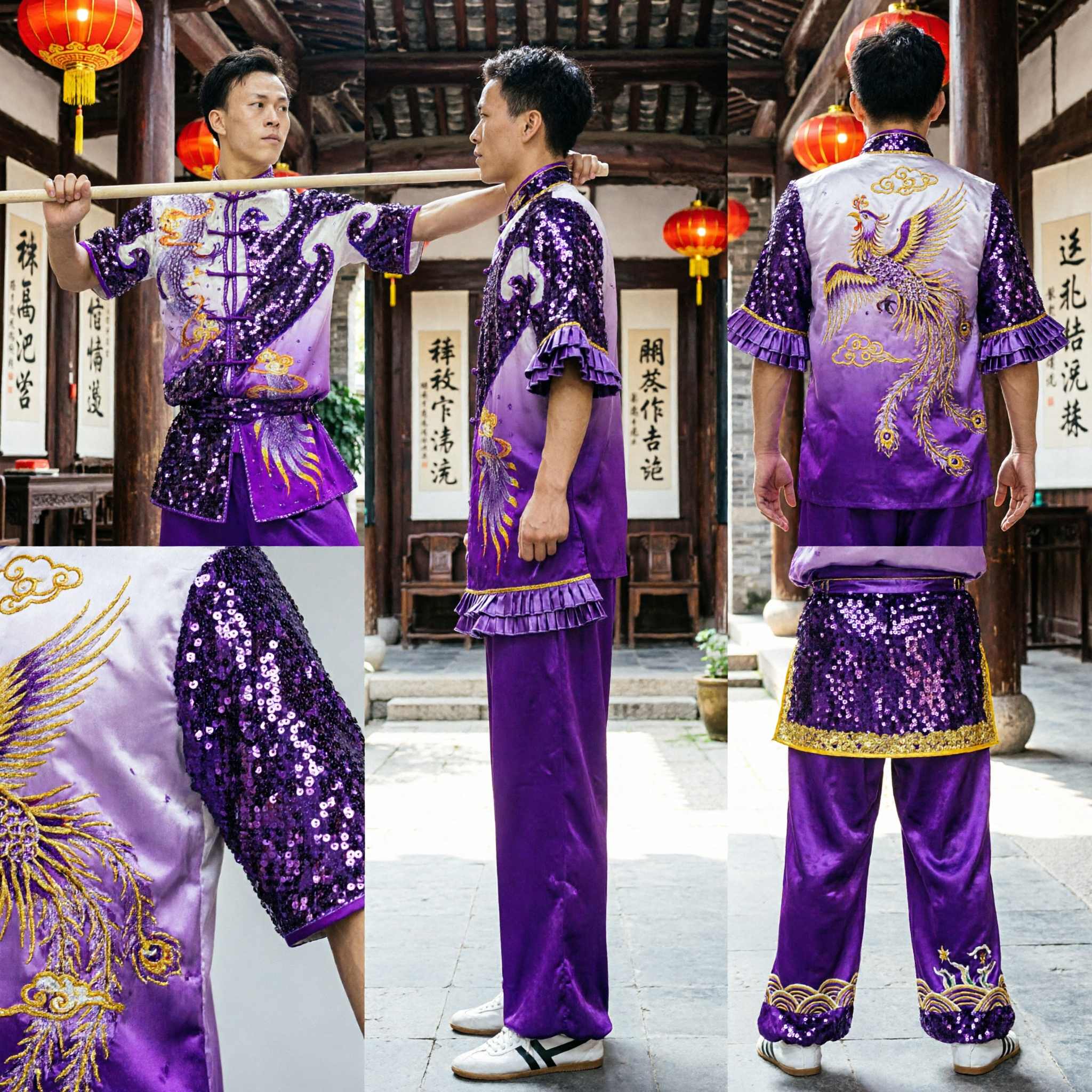 Herren-lila Pailletten-Wushu-Uniform Traditionelles chinesisches Kung-Fu-Changquan-Wettkampf-Aufführungsanzug mit Drachenstickerei - Asian Costume